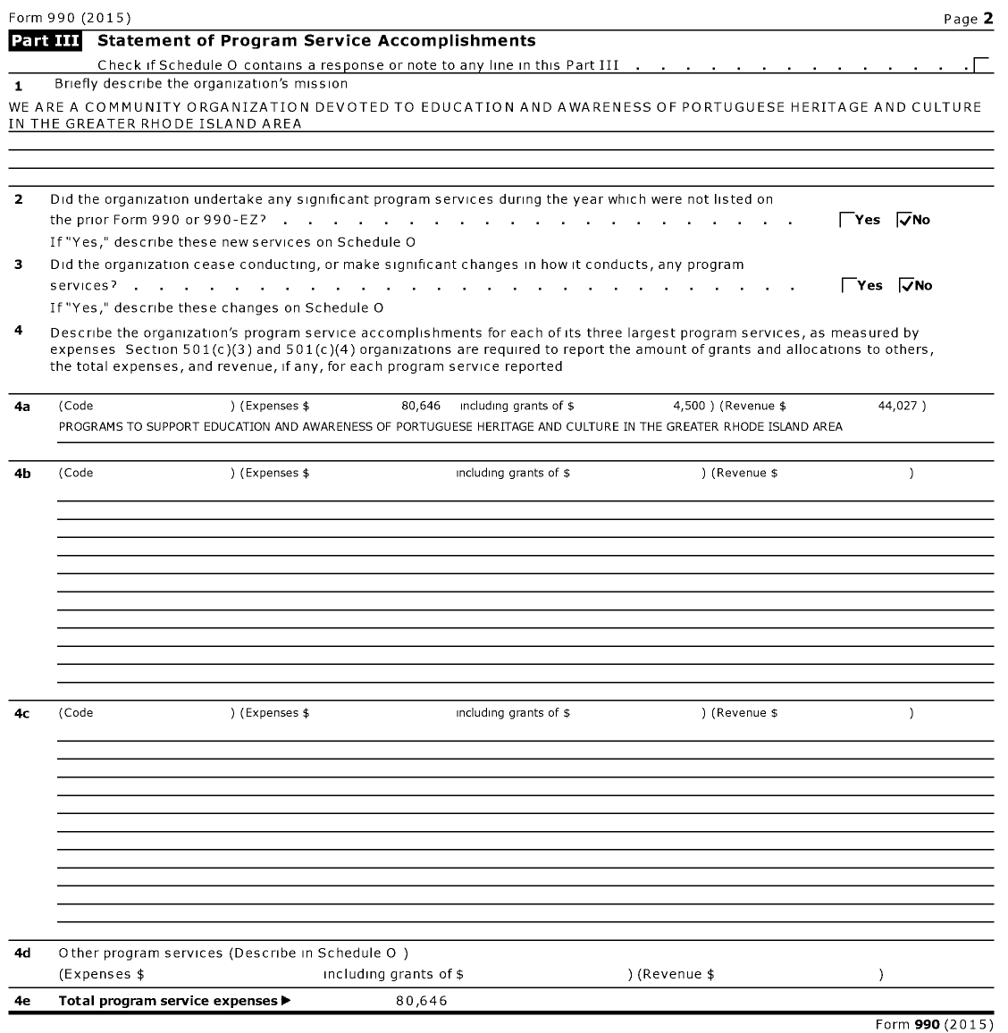 Image of first page of 2015 Form 990 for Vasco Da Gama Portugueseamerican Charitable Society