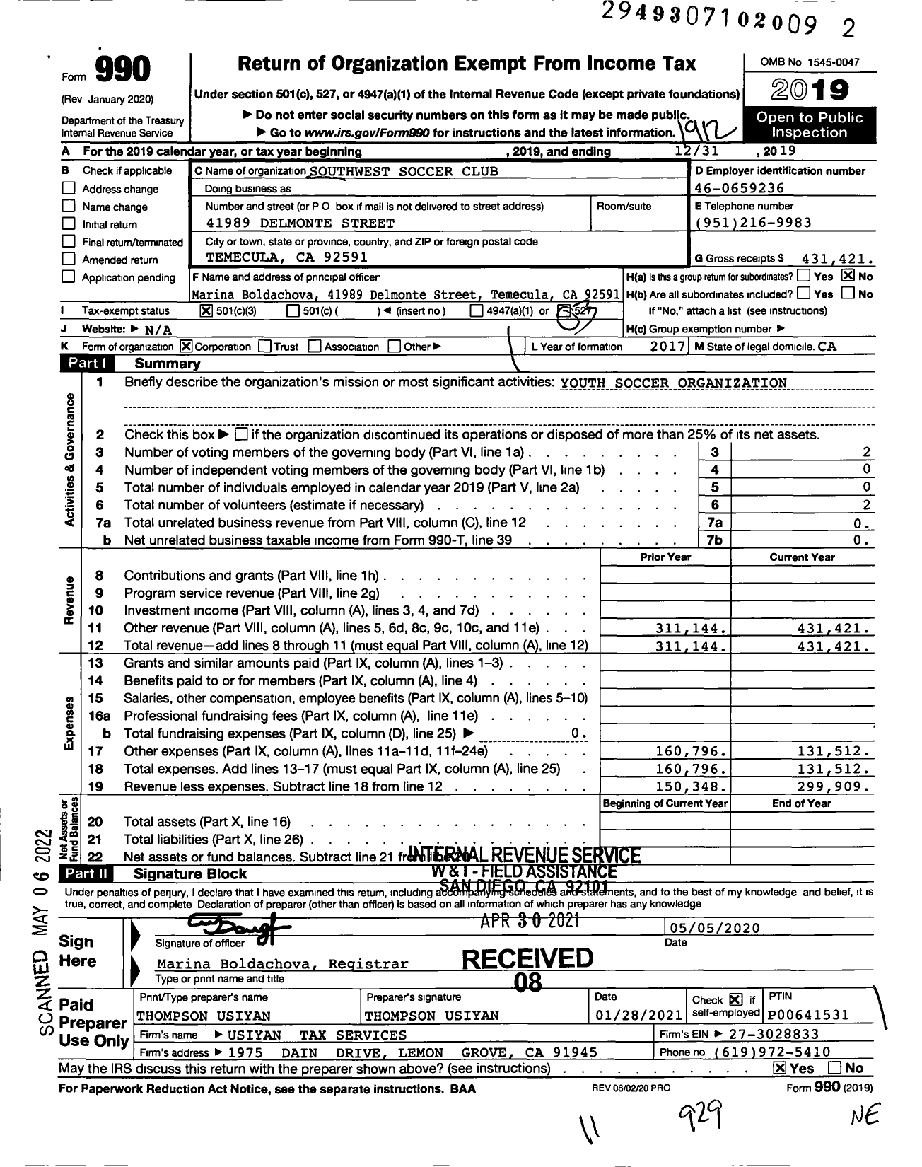 Image of first page of 2019 Form 990 for Southwest Soccer Club