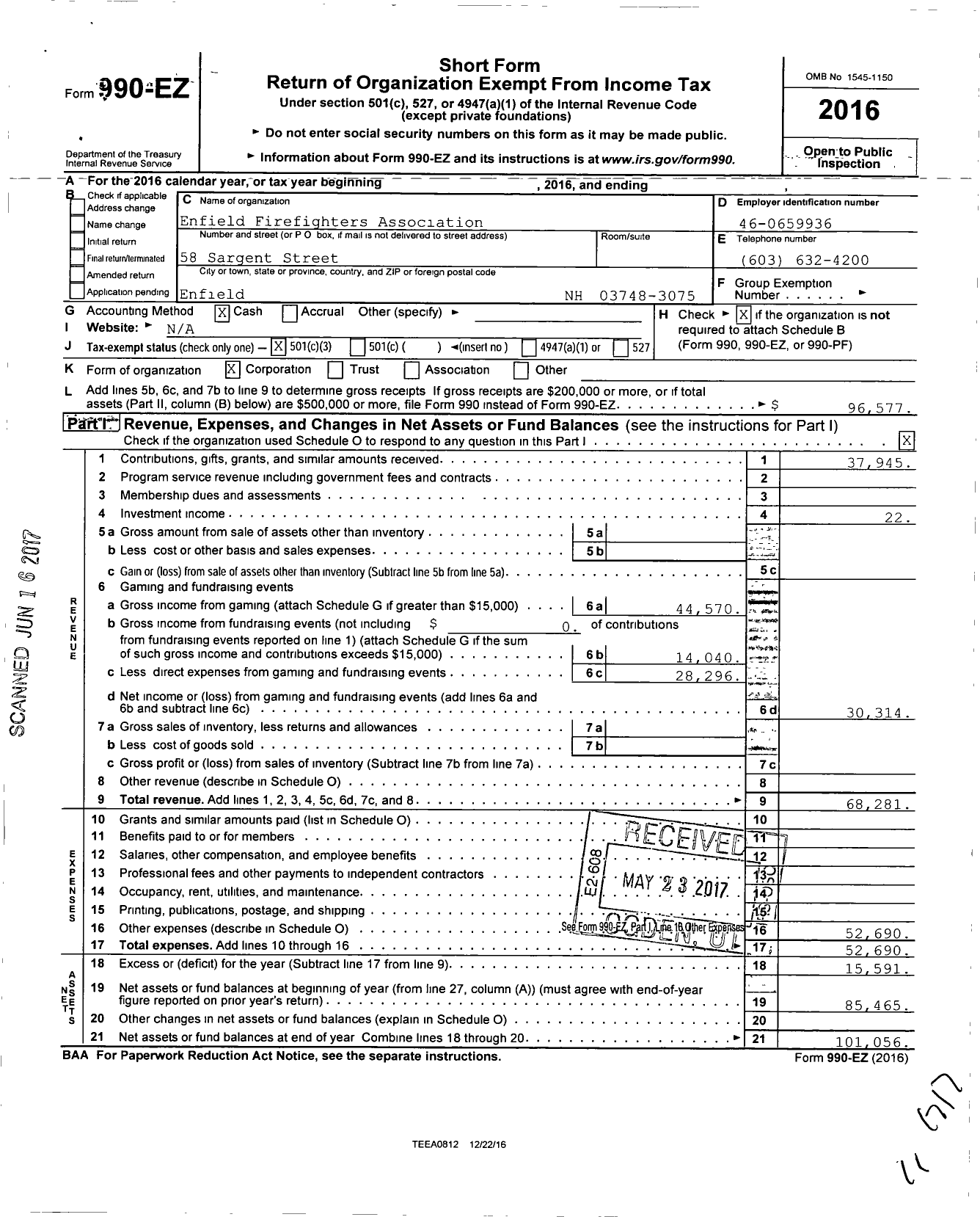 Image of first page of 2016 Form 990EZ for Enfield Firefighters Association (EFA)