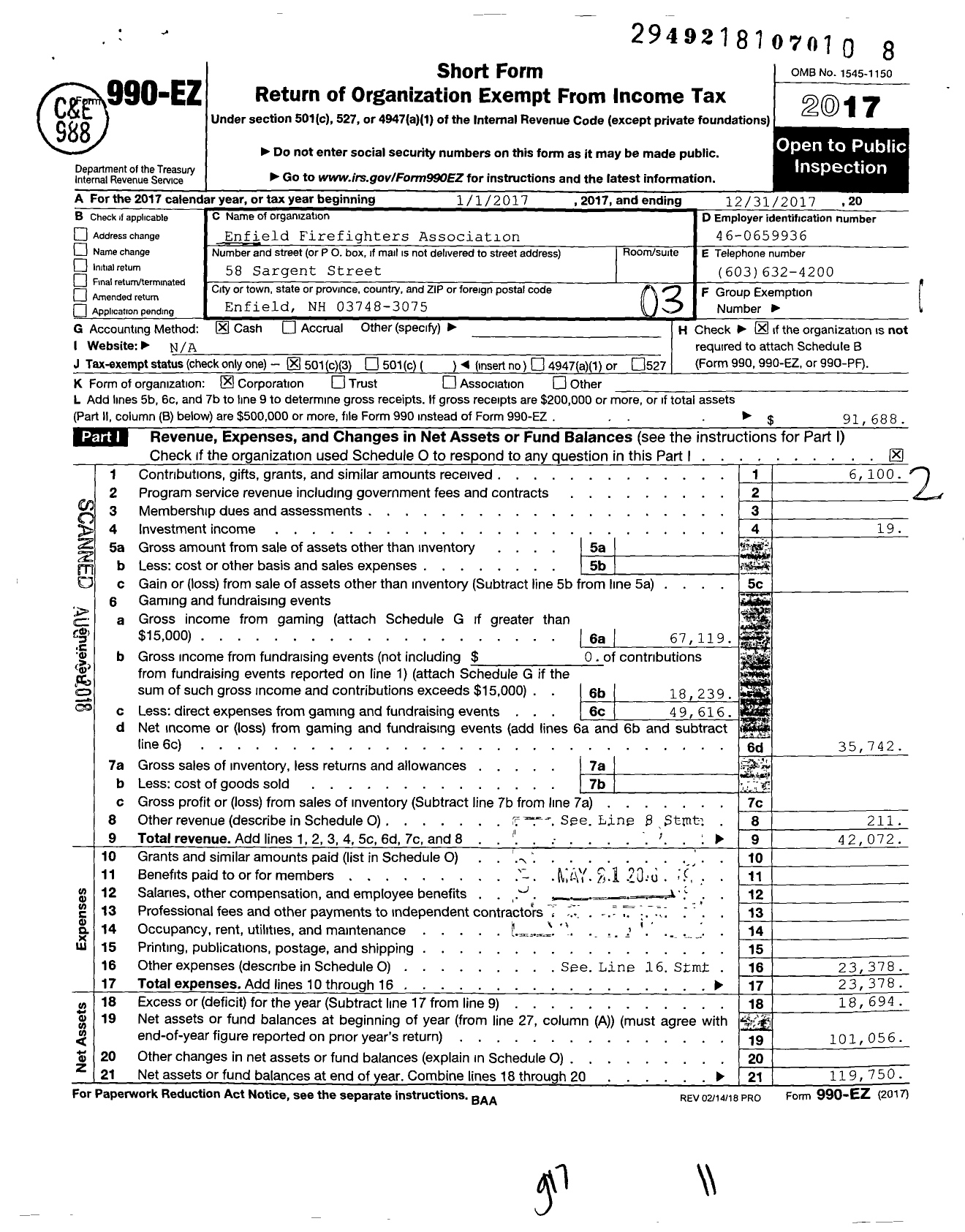 Image of first page of 2017 Form 990EZ for Enfield Firefighters Association (EFA)