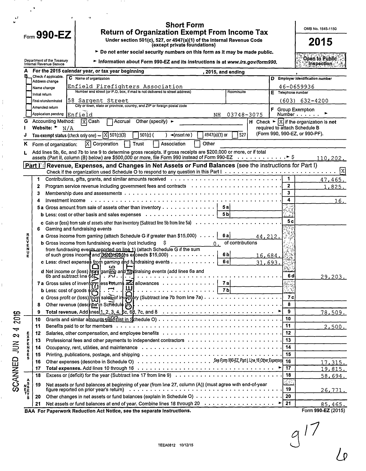 Image of first page of 2015 Form 990EZ for Enfield Firefighters Association (EFA)