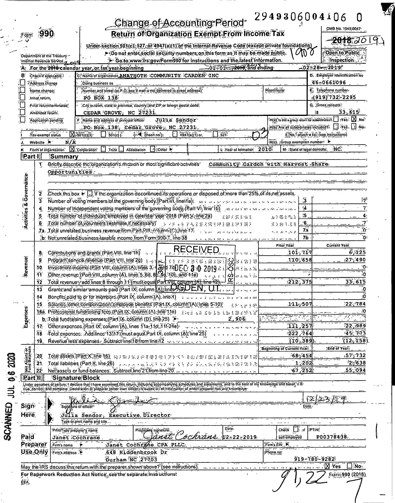 Image of first page of 2018 Form 990 for Anathoth Community Garden