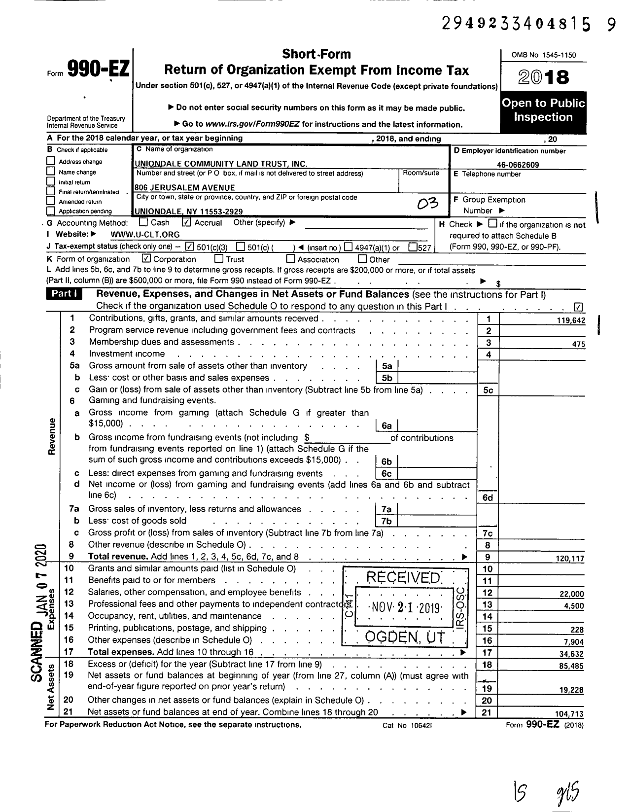 Image of first page of 2018 Form 990EZ for Uniondale Community Land Trust