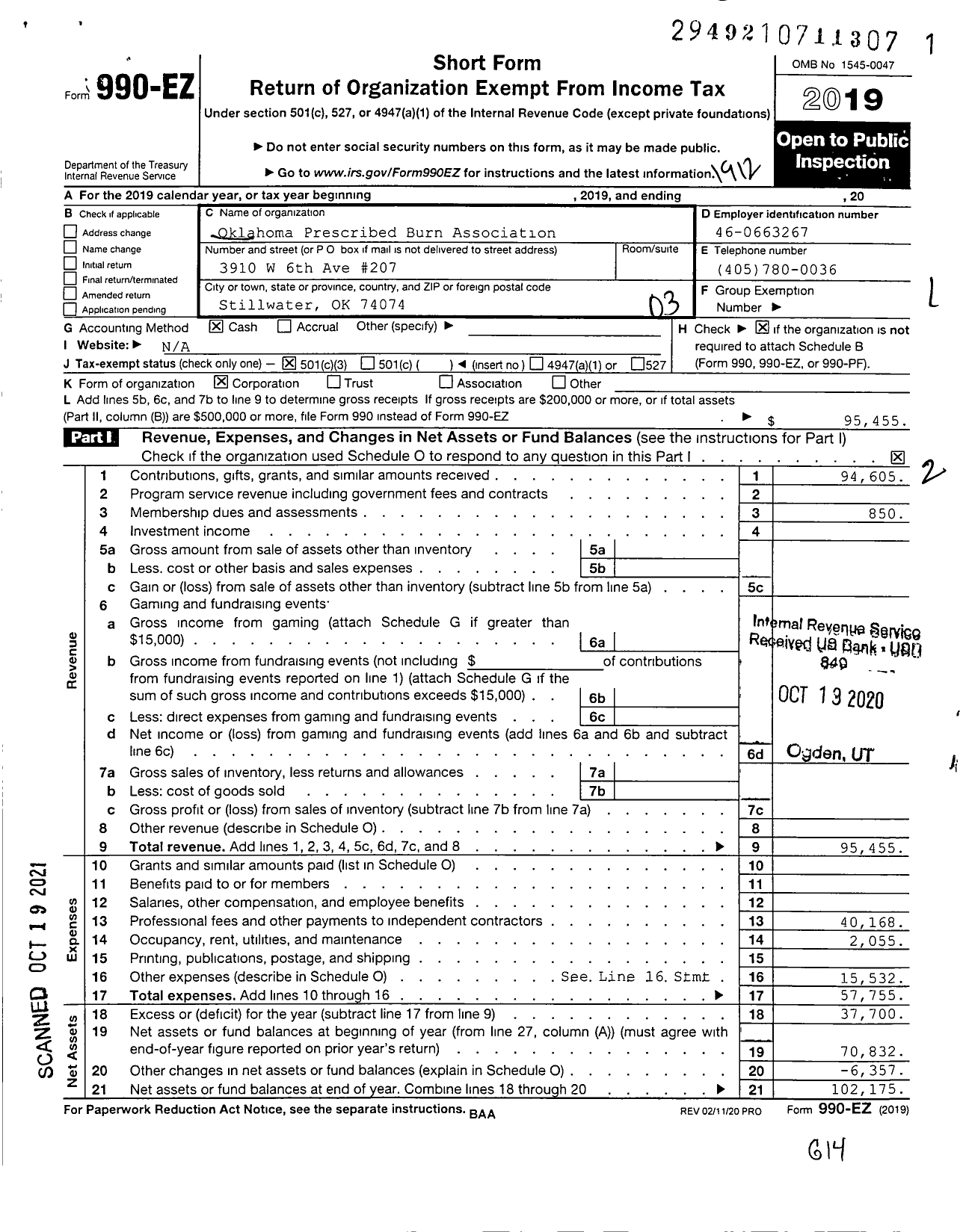 Image of first page of 2019 Form 990EZ for Oklahoma Prescribed Burn Association