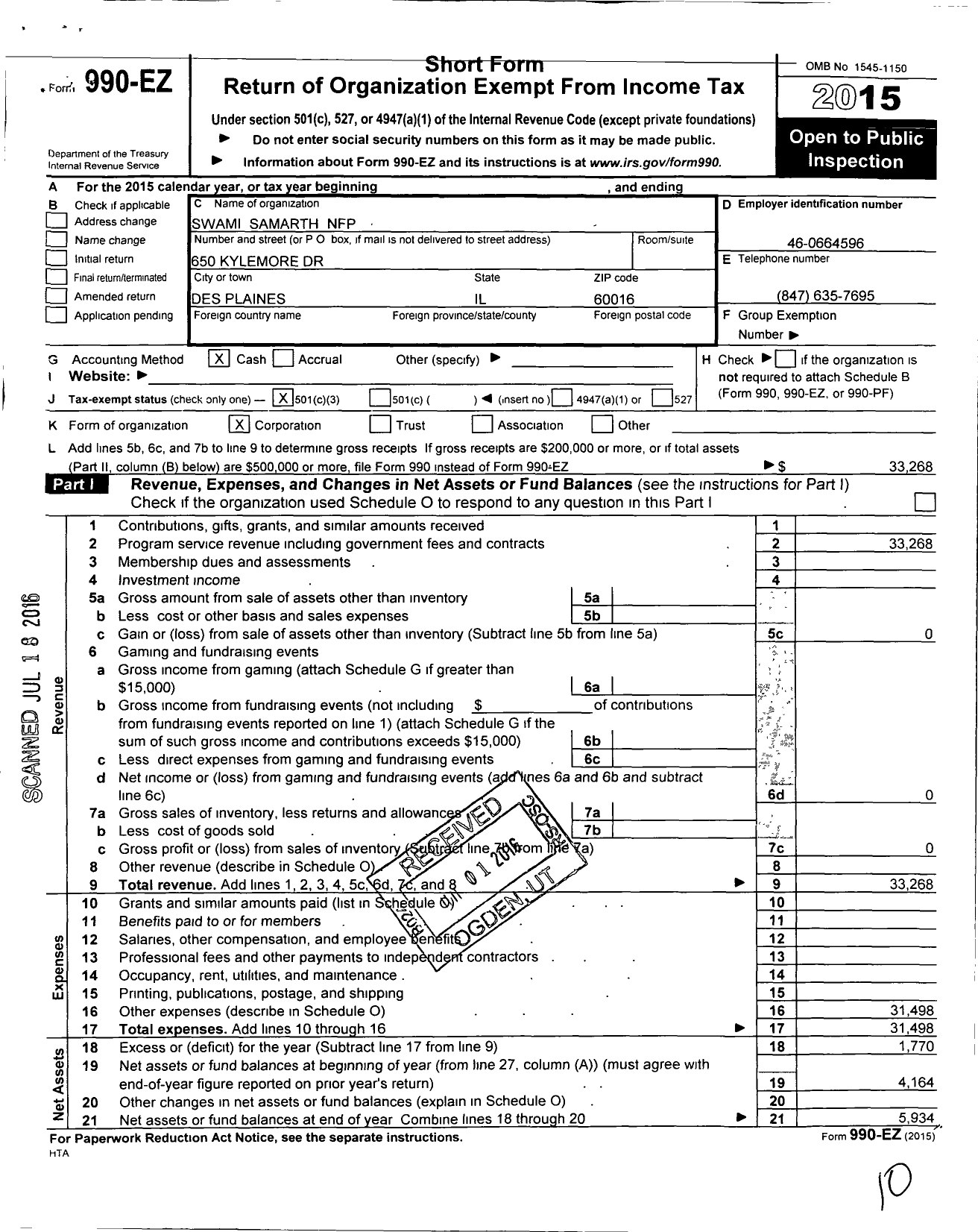 Image of first page of 2015 Form 990EZ for Swami Samarth NFP