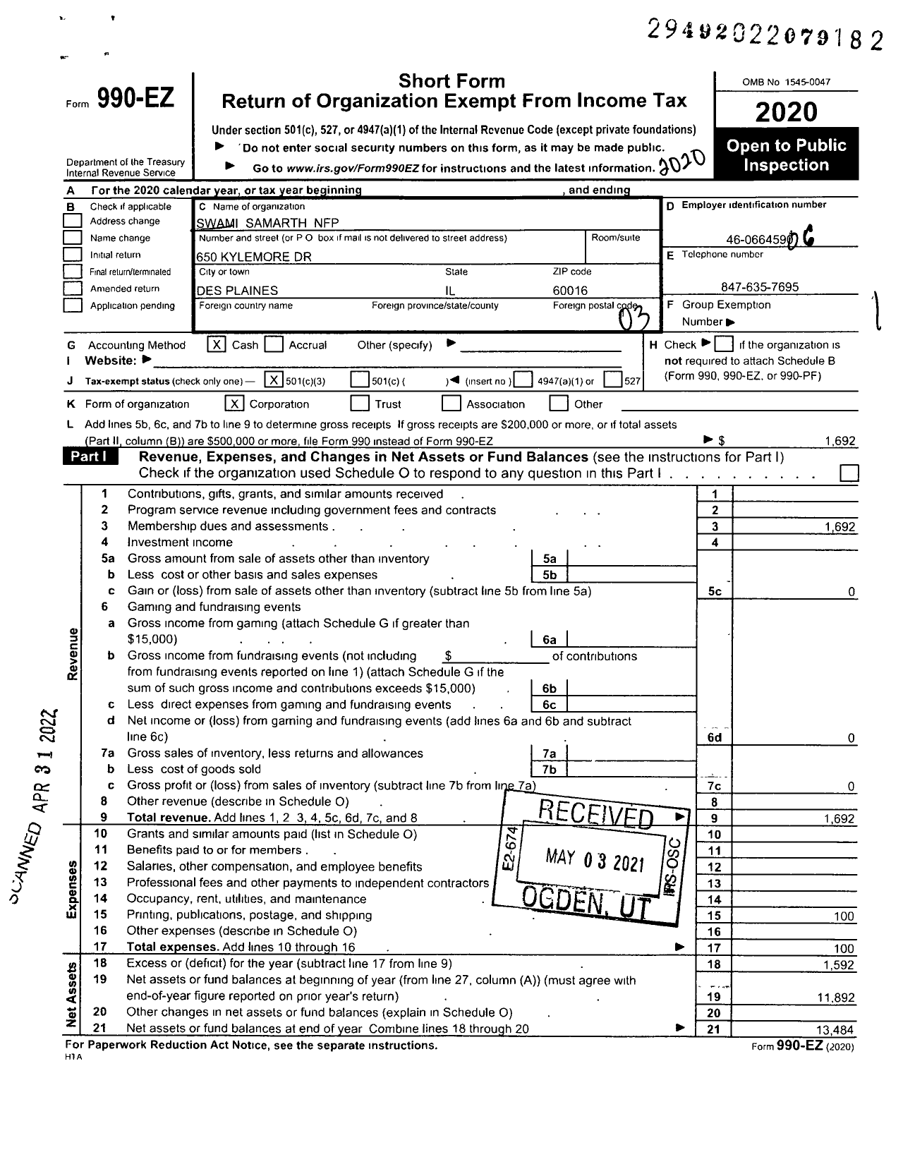 Image of first page of 2020 Form 990EZ for Swami Samarth NFP