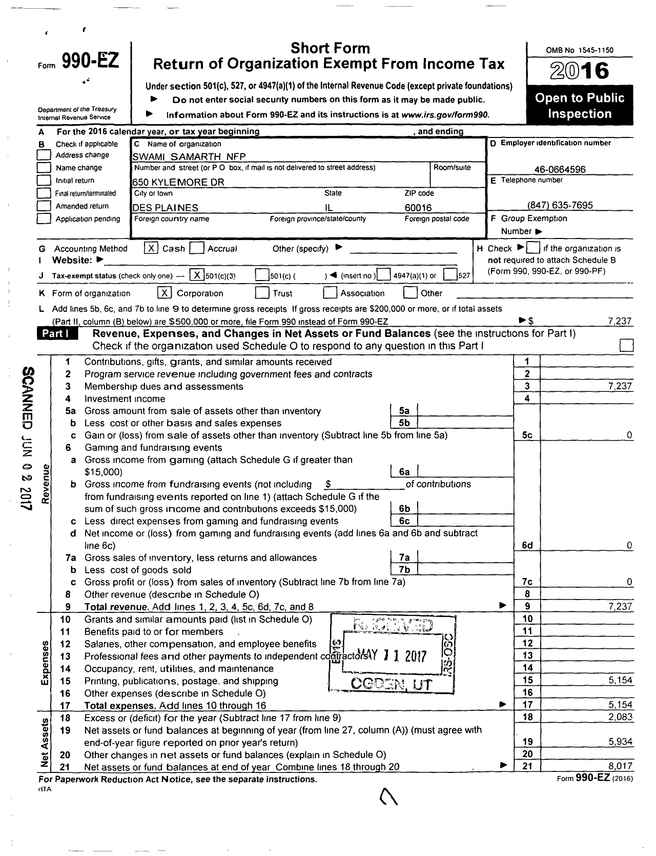 Image of first page of 2016 Form 990EZ for Swami Samarth NFP