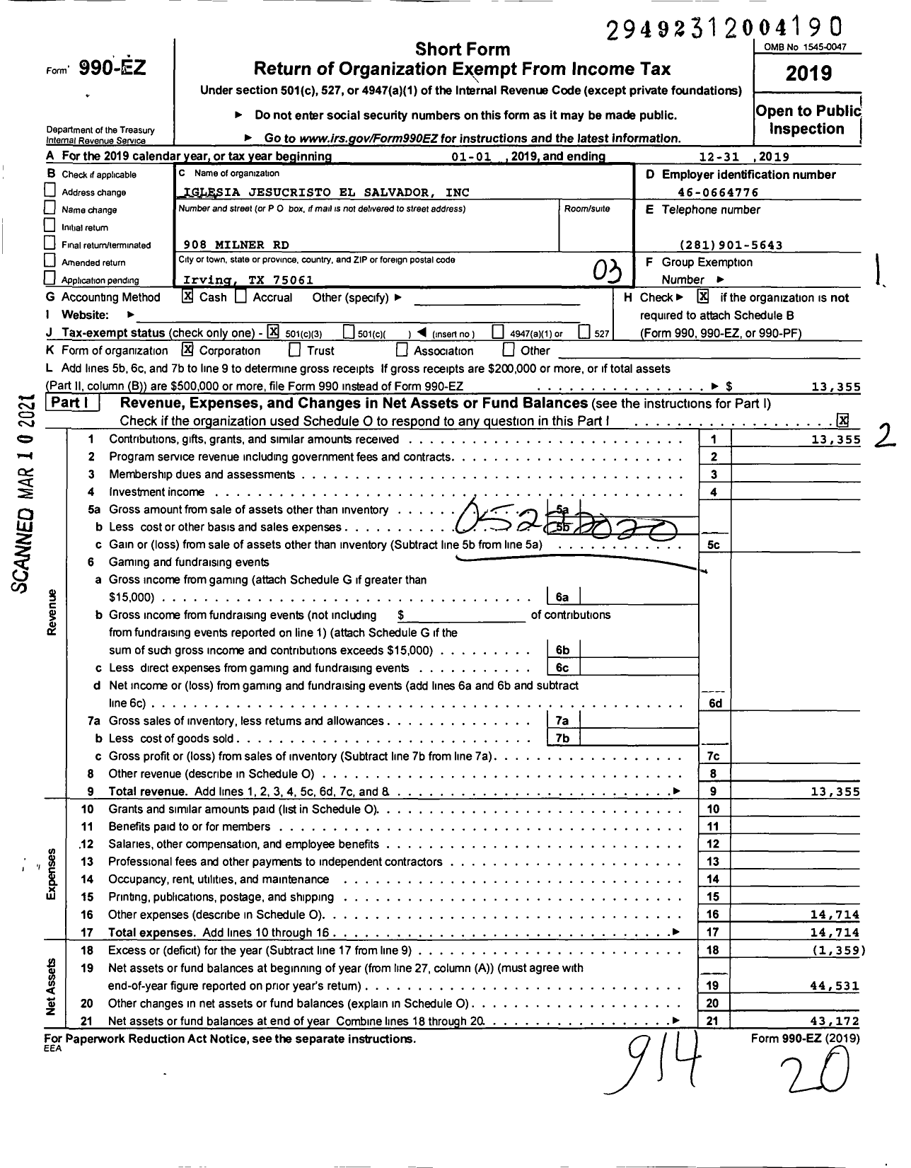 Image of first page of 2019 Form 990EZ for Iglesia Jesucristo El Salvador