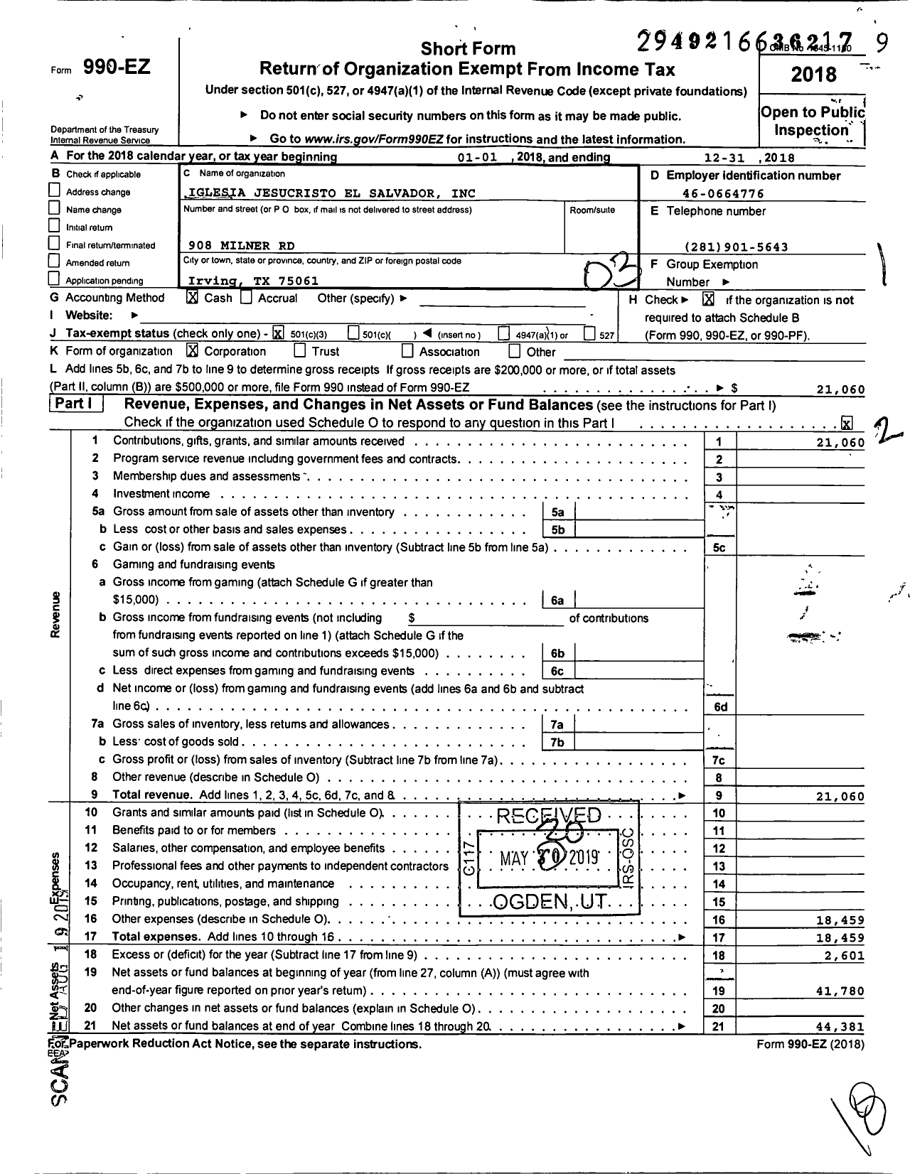 Image of first page of 2018 Form 990EZ for Iglesia Jesucristo El Salvador