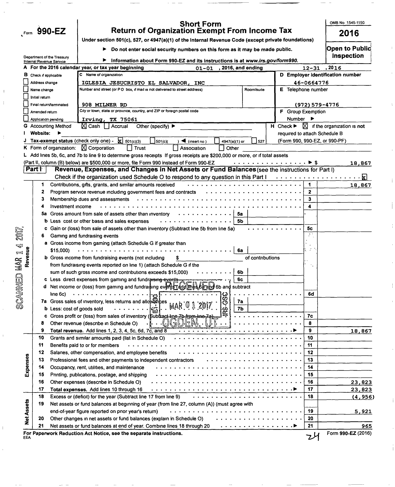 Image of first page of 2016 Form 990EZ for Iglesia Jesucristo El Salvador