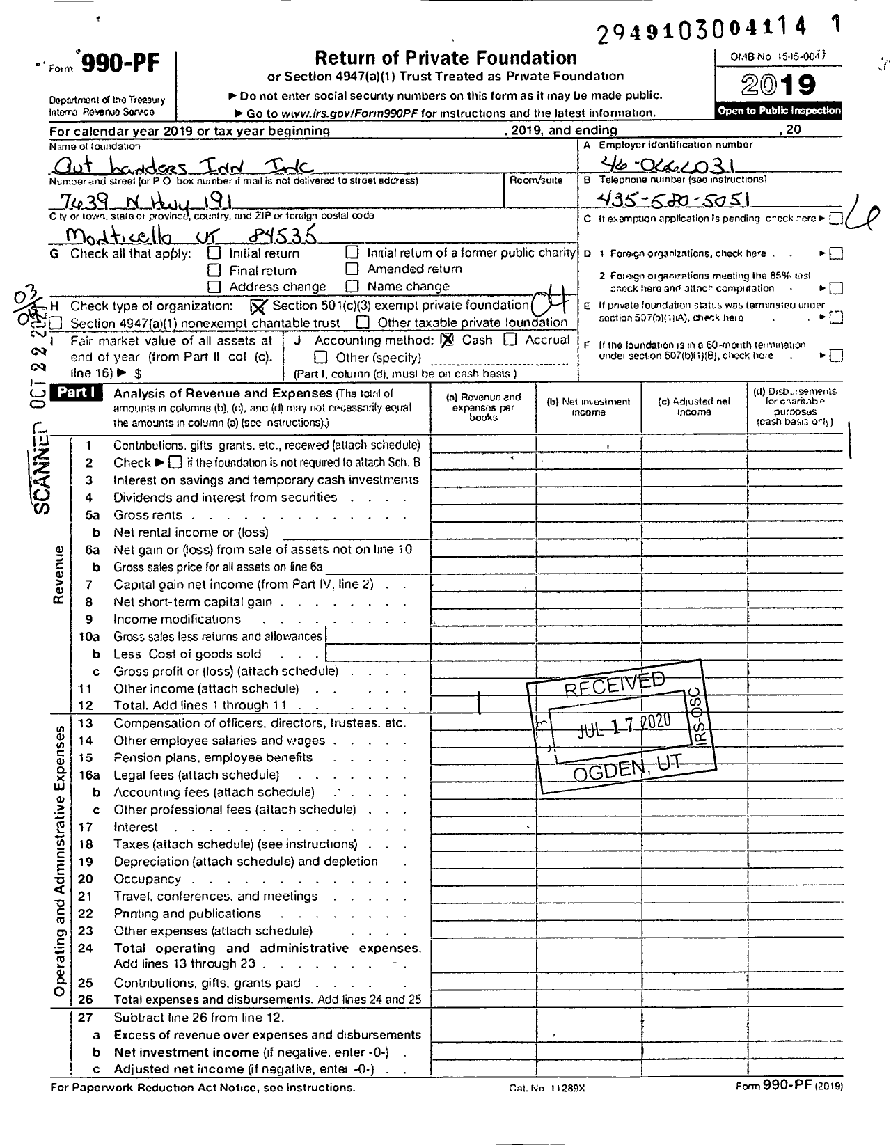 Image of first page of 2019 Form 990PF for Out Landers Inn