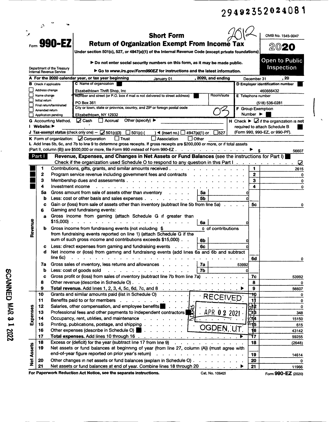 Image of first page of 2020 Form 990EZ for Elizabethtown Thrift Shop