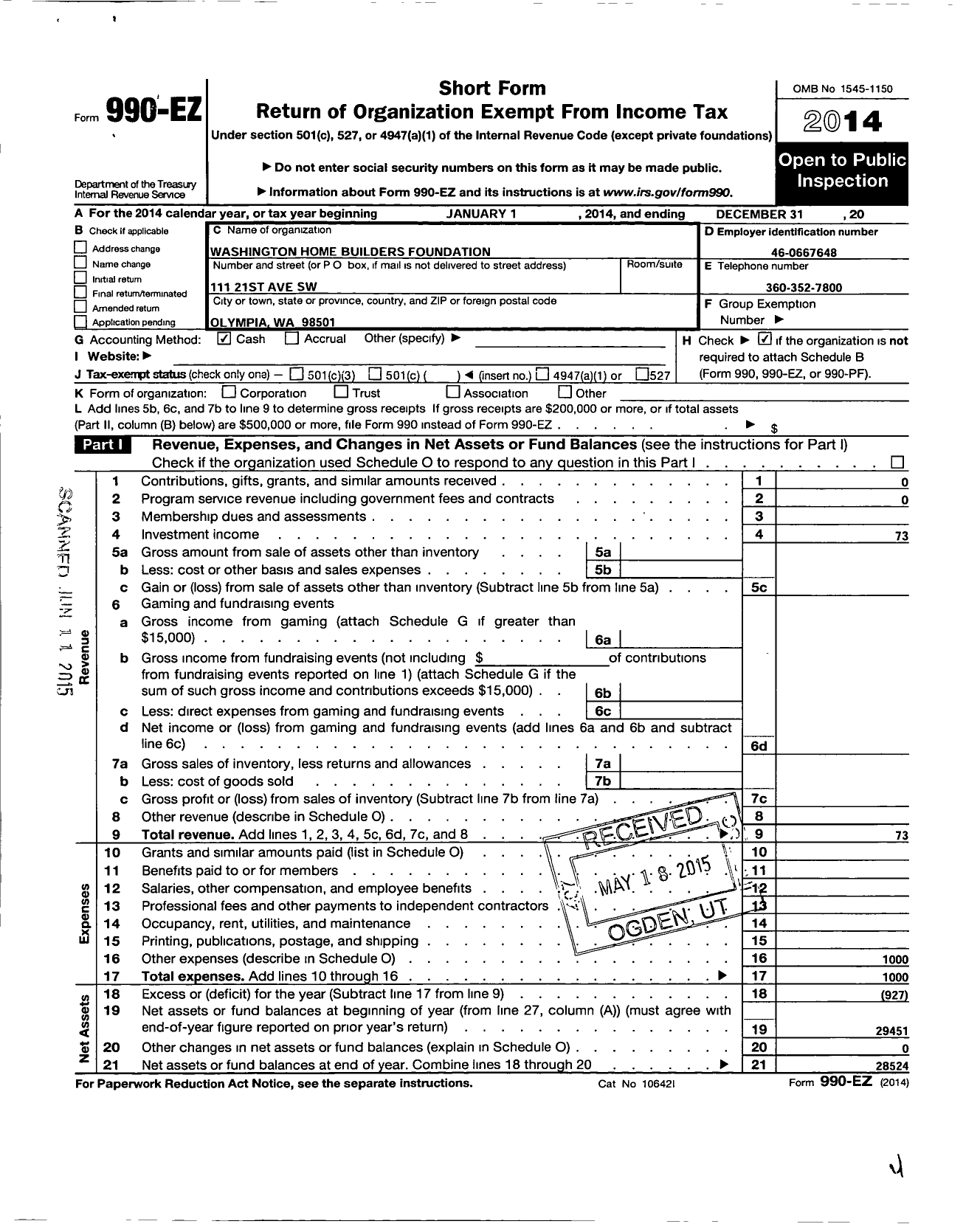 Image of first page of 2014 Form 990EO for Washington Home Builders Foundation