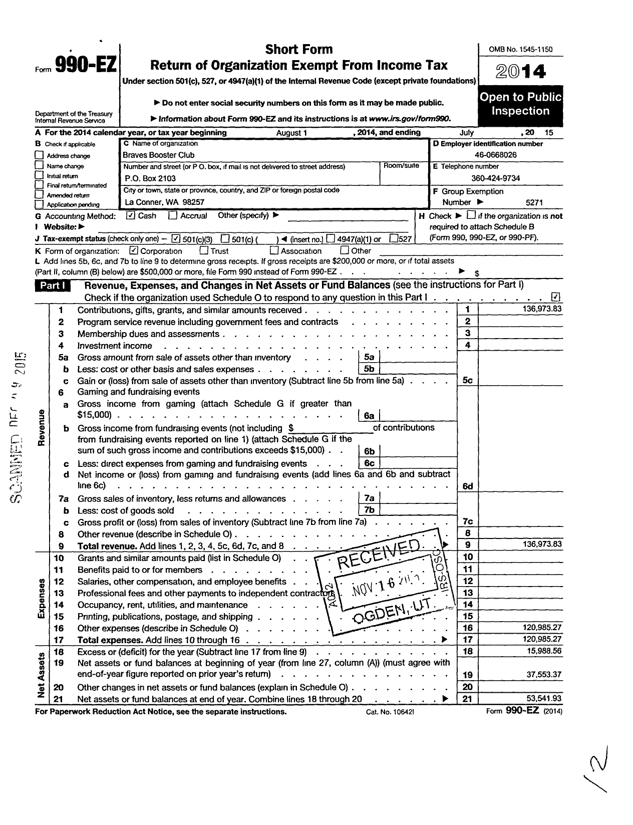 Image of first page of 2050 Form 990EZ for Parent Booster USA / Braves Booster Club