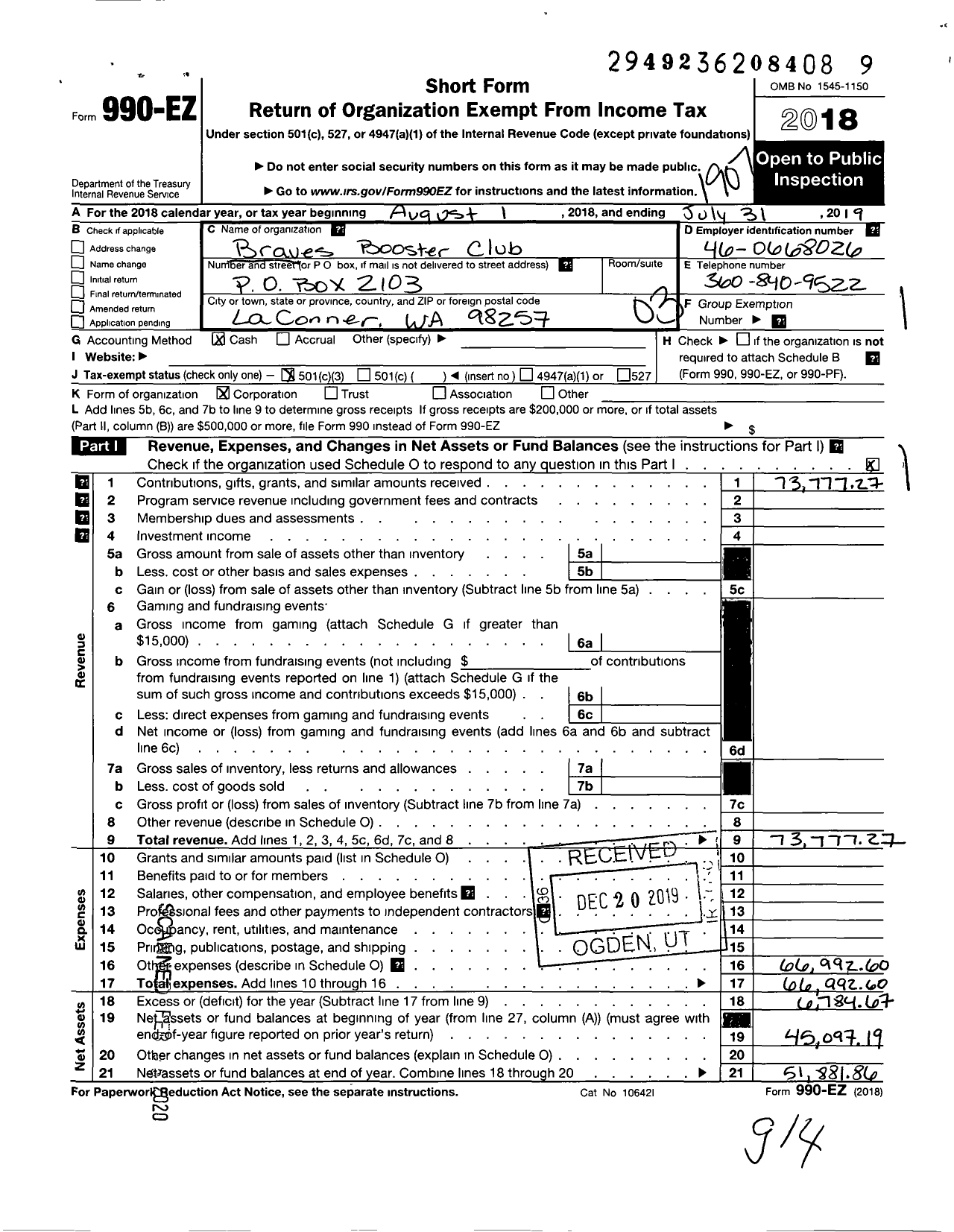 Image of first page of 2018 Form 990EZ for Parent Booster USA / Braves Booster Club