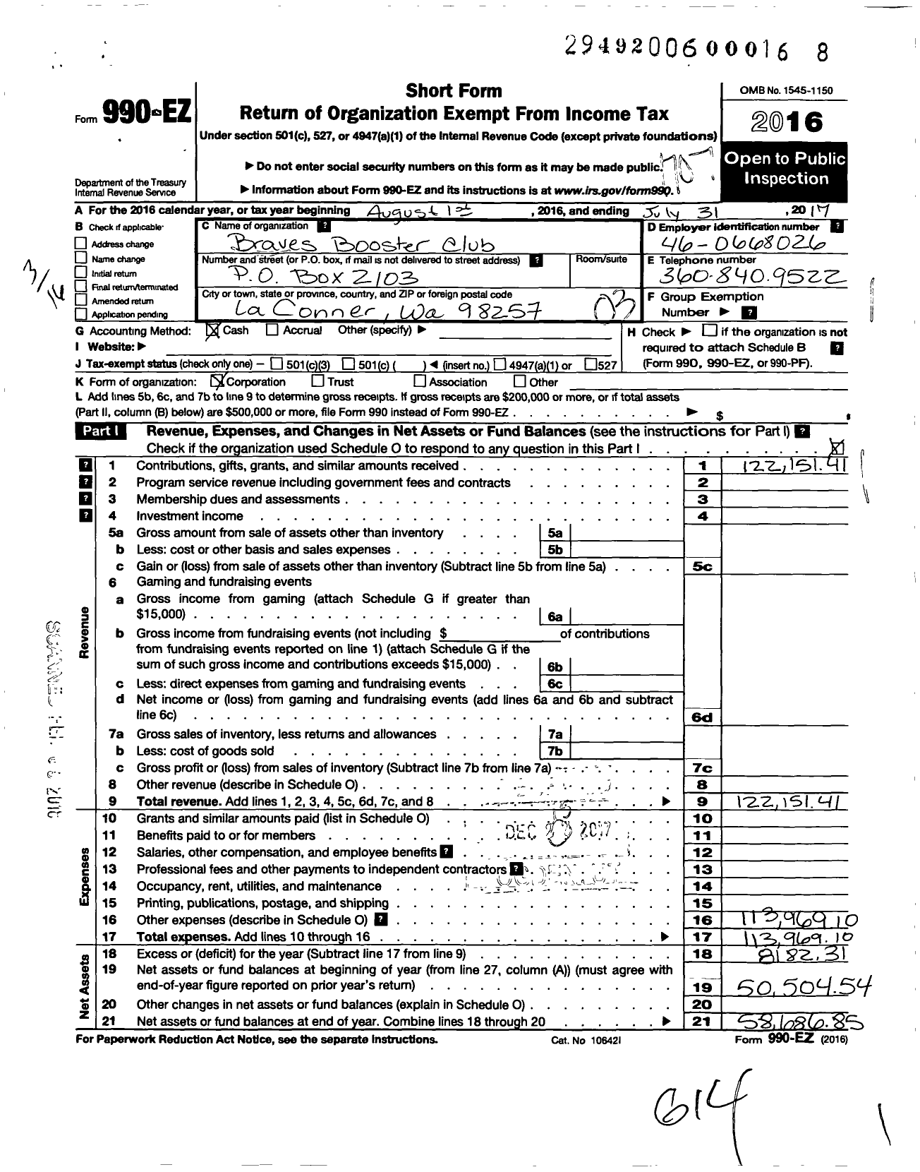 Image of first page of 2016 Form 990EZ for Parent Booster USA / Braves Booster Club