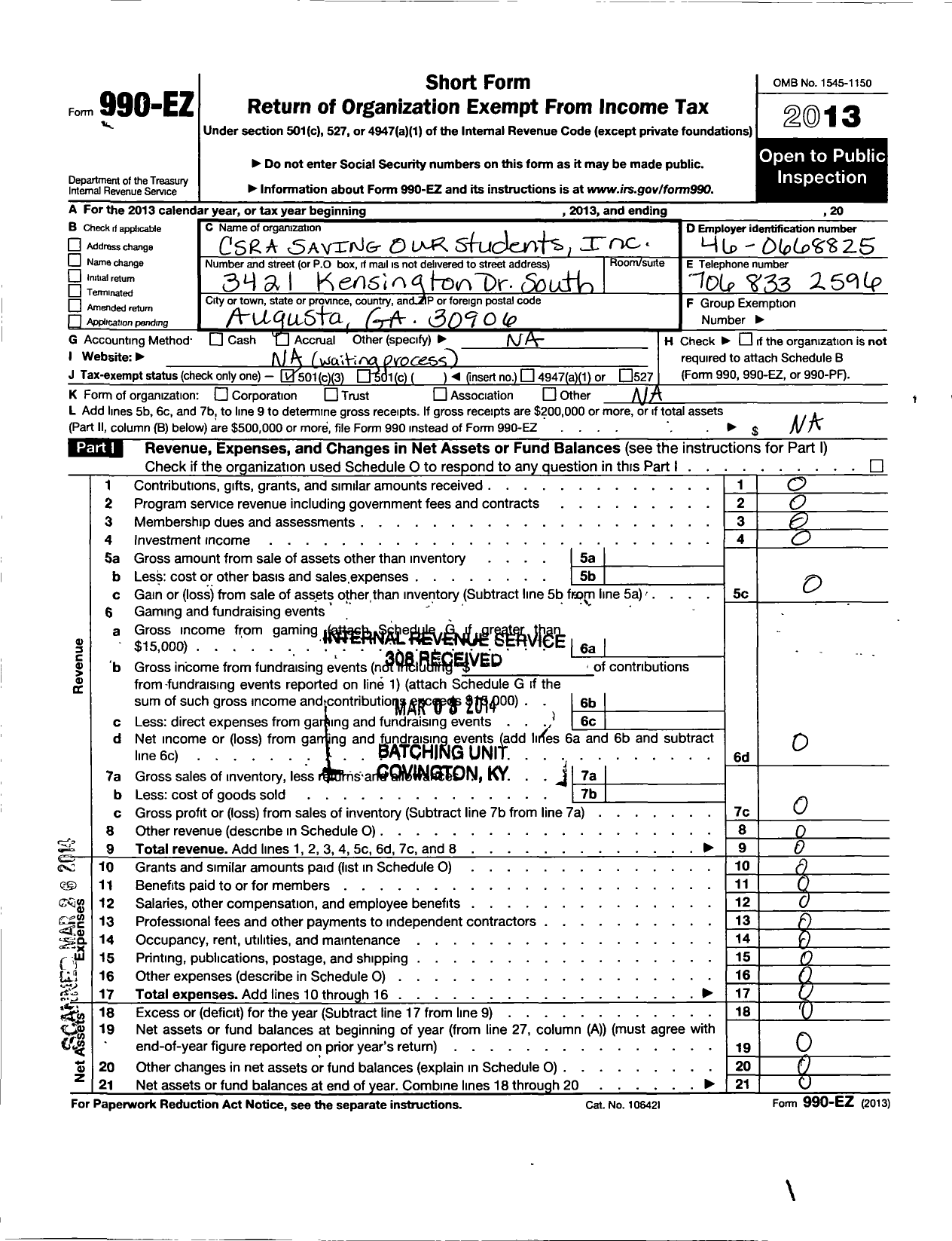 Image of first page of 2013 Form 990EZ for Csra Saving Our Students