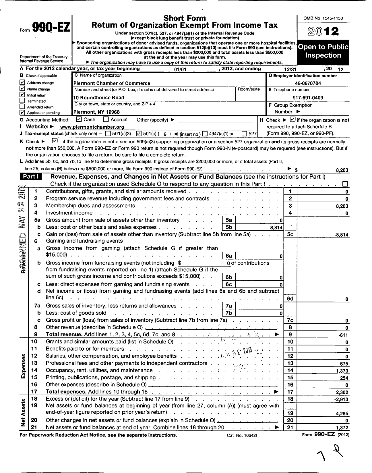 Image of first page of 2012 Form 990EO for Piermont Chamber of Commerce