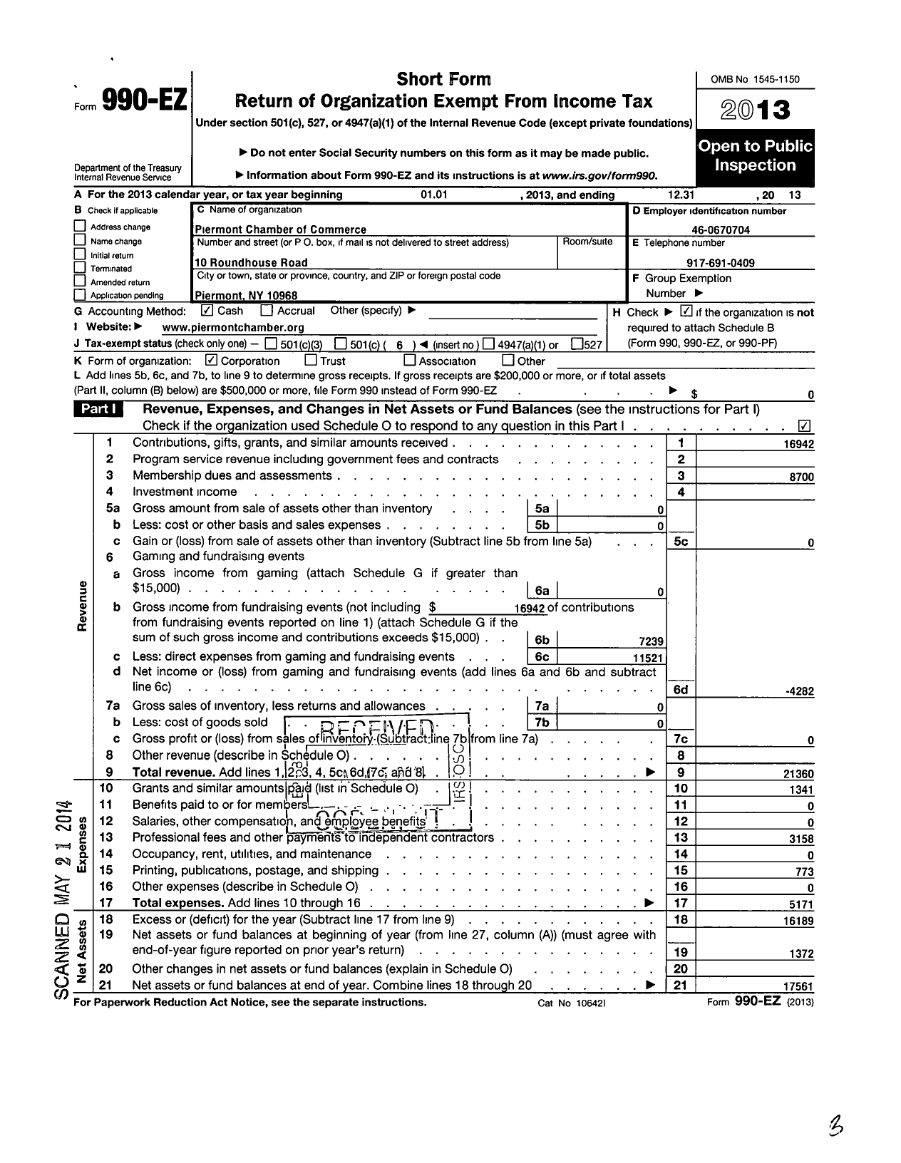 Image of first page of 2013 Form 990EO for Piermont Chamber of Commerce