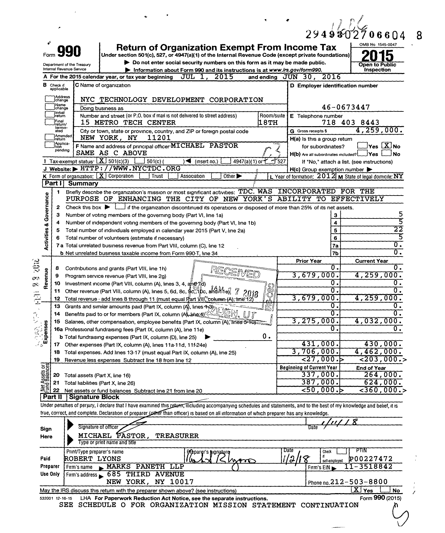 Image of first page of 2015 Form 990 for Nyc Technology Development Corporation