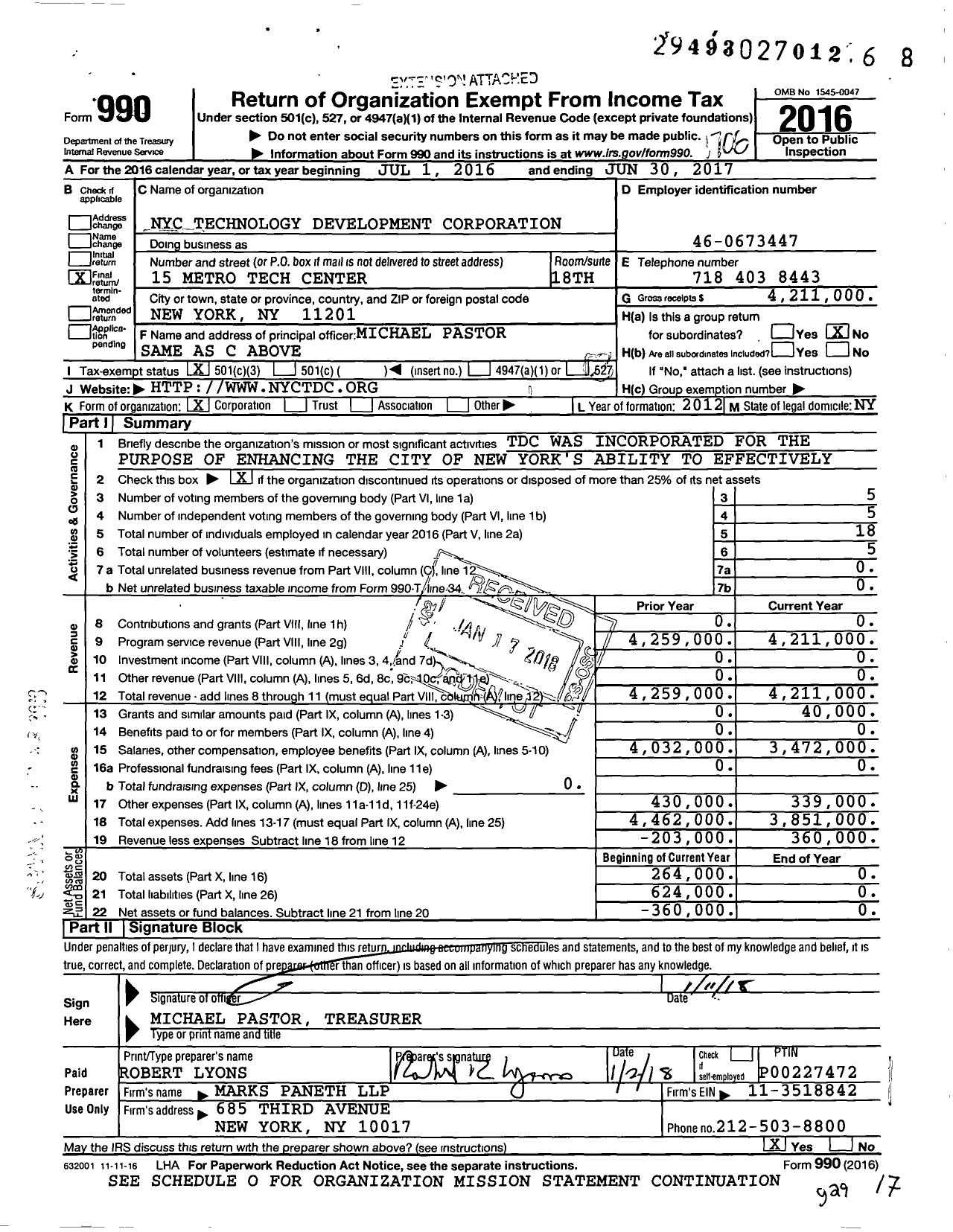 Image of first page of 2016 Form 990 for Nyc Technology Development Corporation