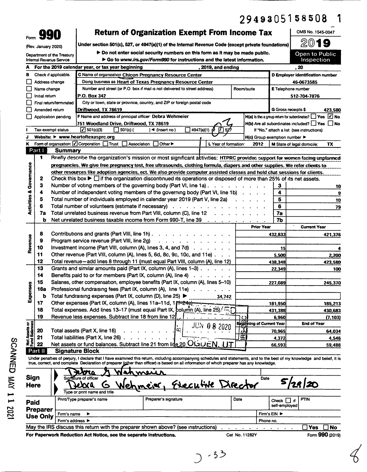 Image of first page of 2019 Form 990 for Heart of Texas Pregnancy Resource Center