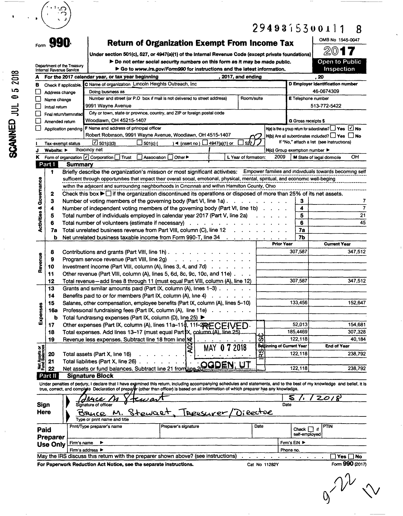 Image of first page of 2017 Form 990 for Lincoln Heights Outreach