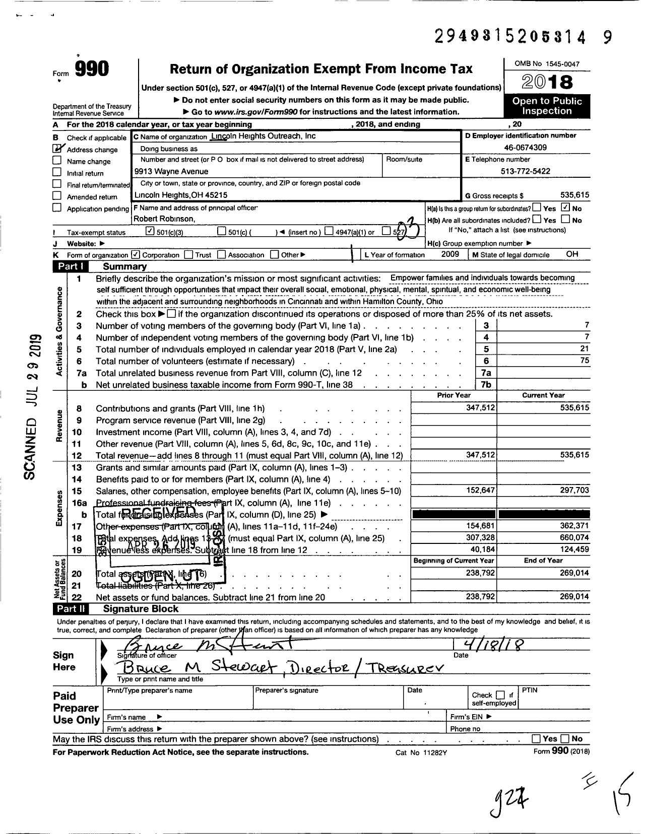 Image of first page of 2018 Form 990 for Lincoln Heights Outreach