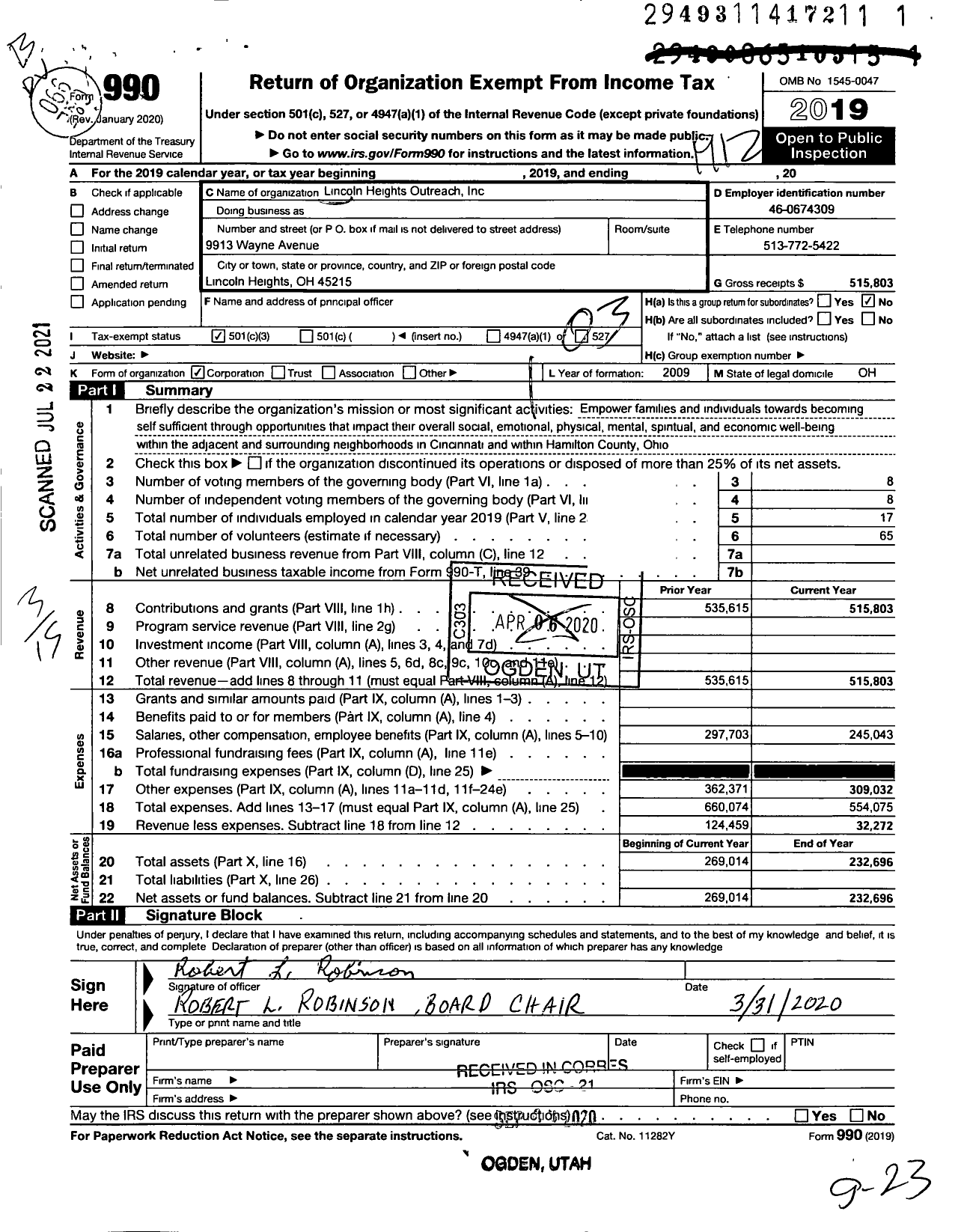 Image of first page of 2019 Form 990 for Lincoln Heights Outreach