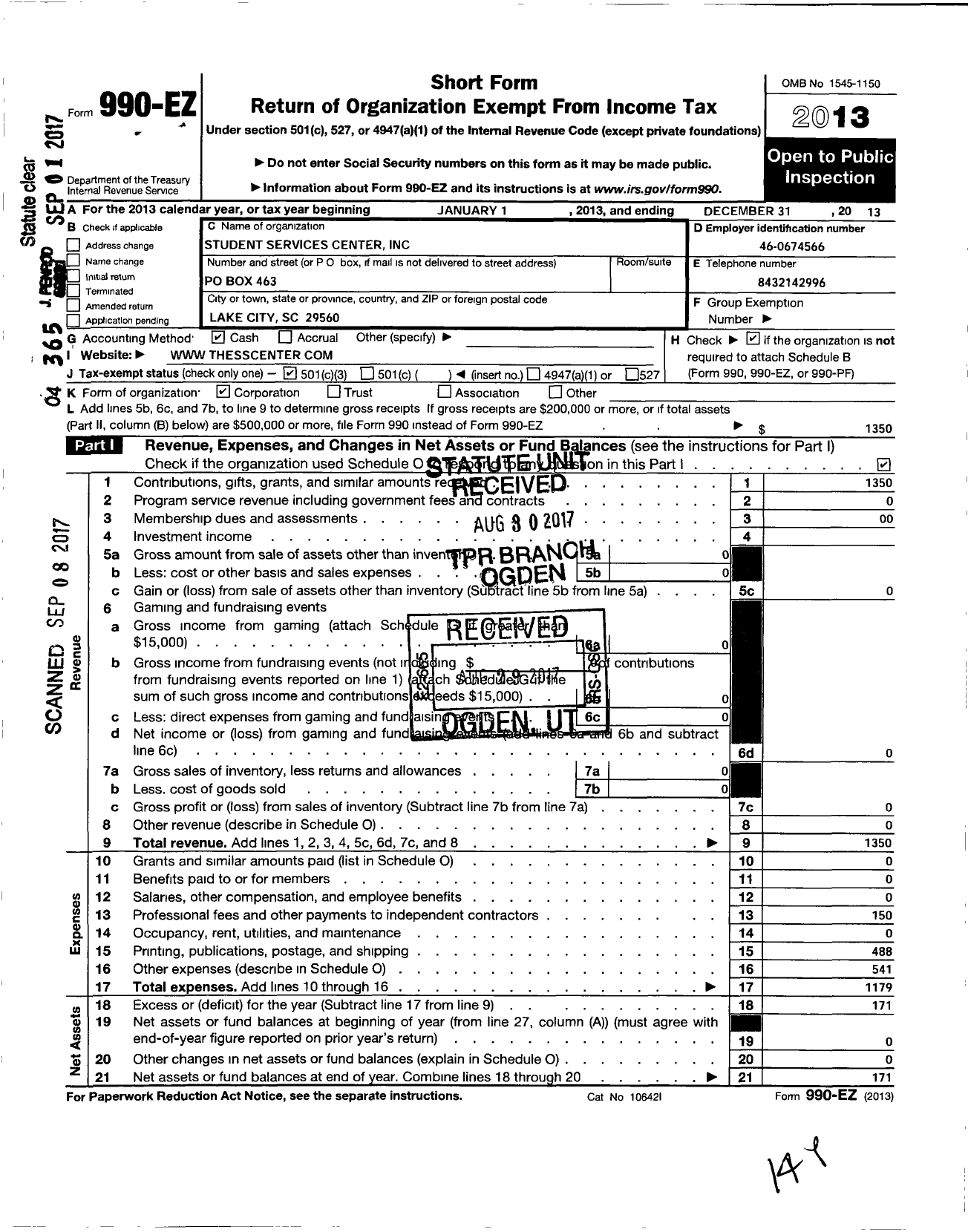 Image of first page of 2013 Form 990EZ for STUDEnT SERVICES CENTER