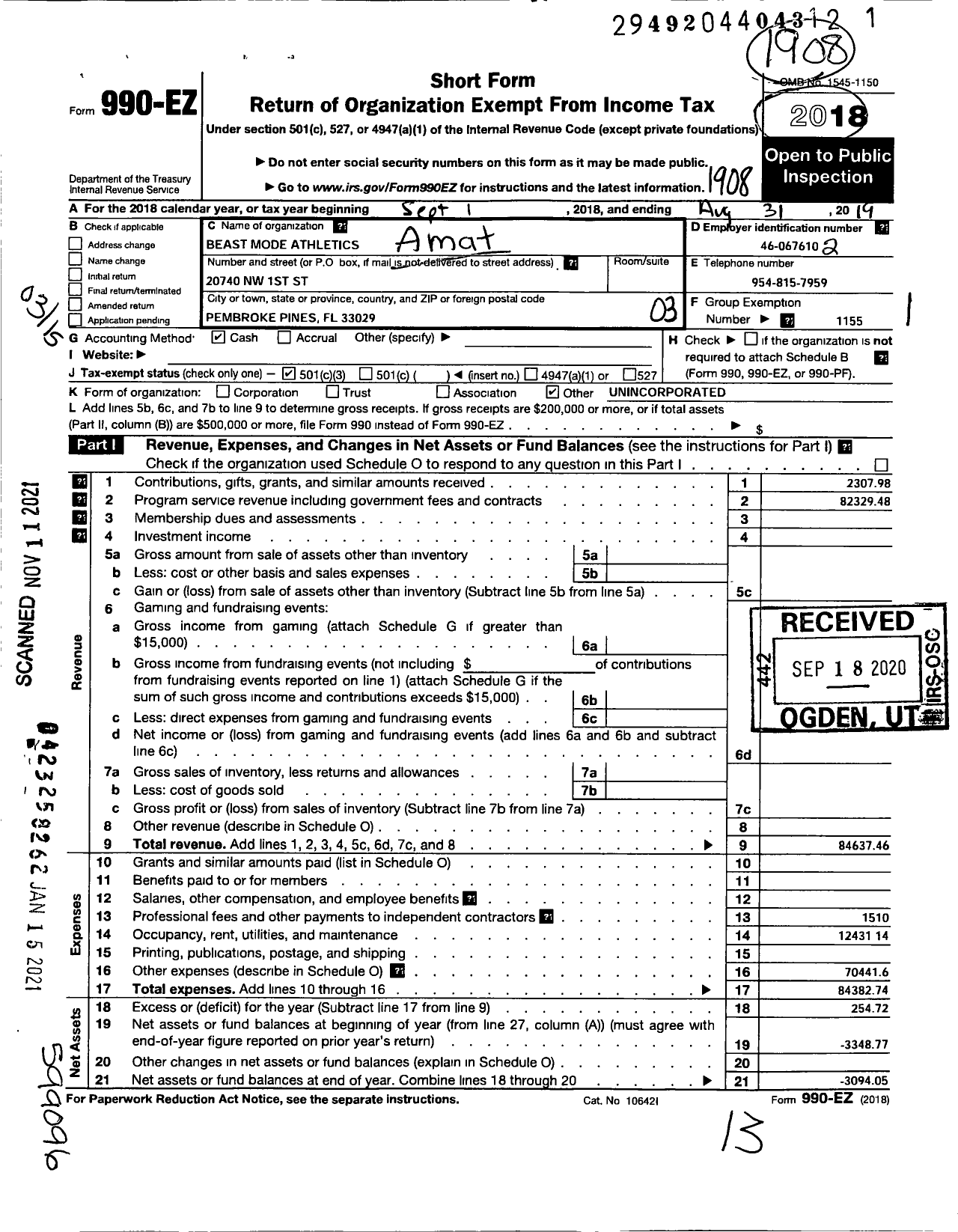 Image of first page of 2018 Form 990EZ for Amateur Athletic Union - Beast Mode Athletics