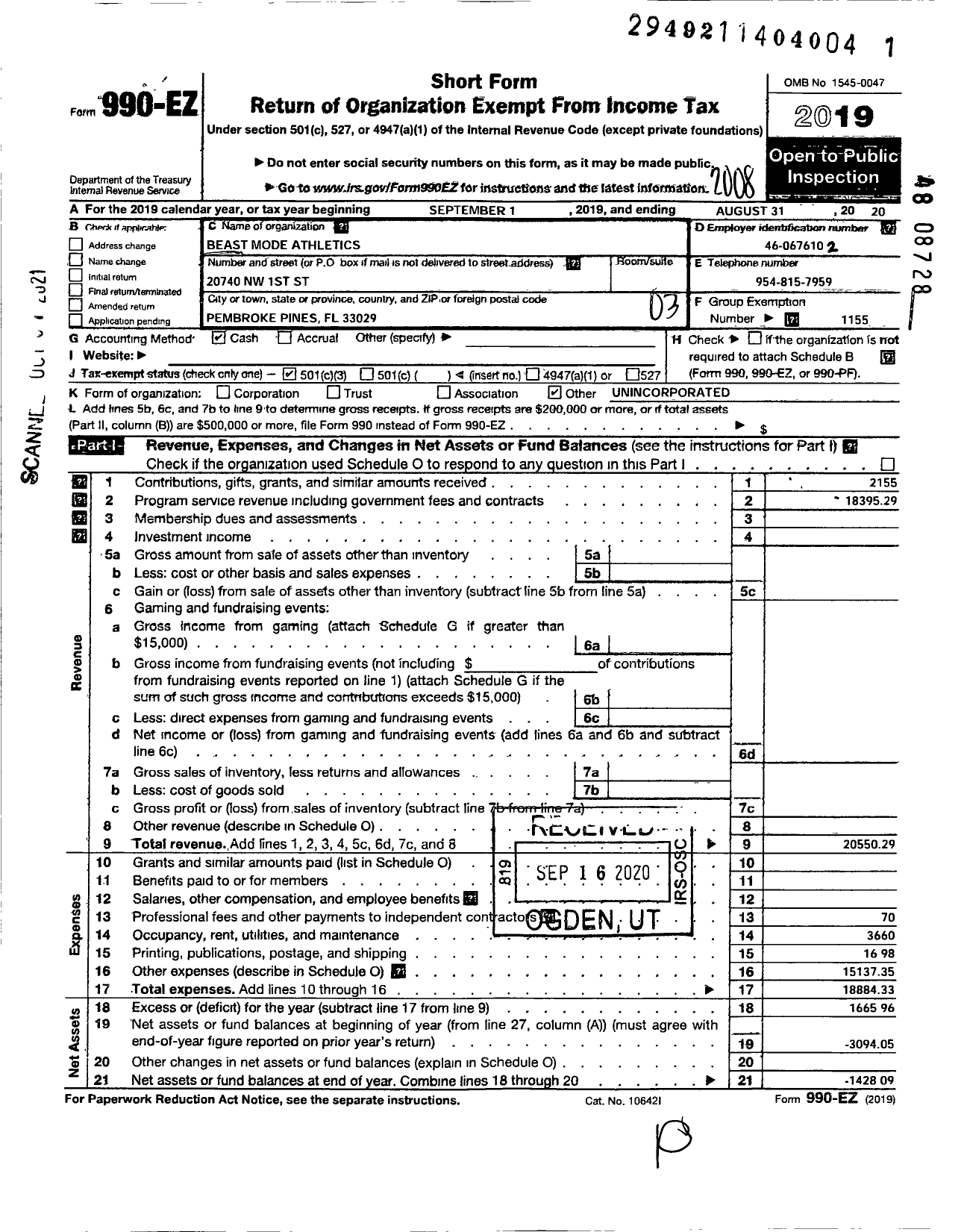 Image of first page of 2019 Form 990EZ for Amateur Athletic Union - Beast Mode Athletics