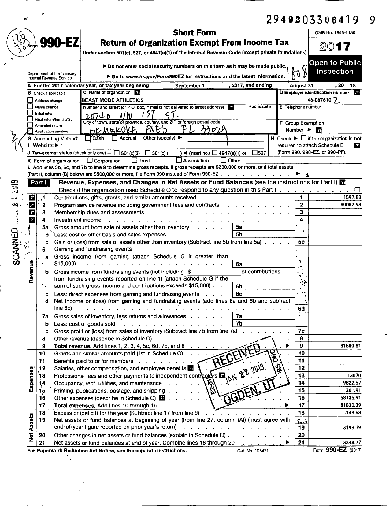 Image of first page of 2017 Form 990EO for Amateur Athletic Union - Beast Mode Athletics