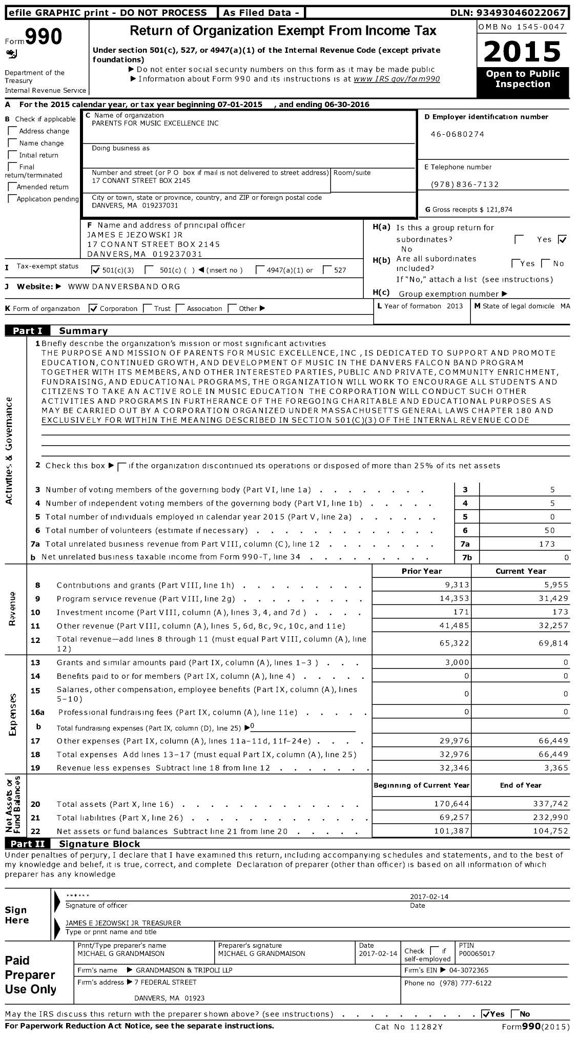 Image of first page of 2015 Form 990 for Parents for Music Excellence