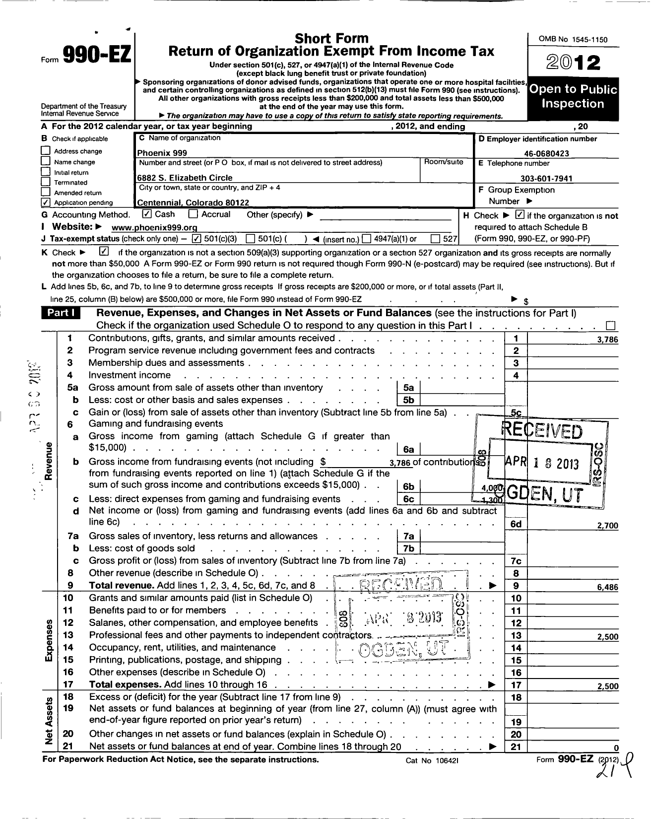 Image of first page of 2012 Form 990EZ for Phoenix 999