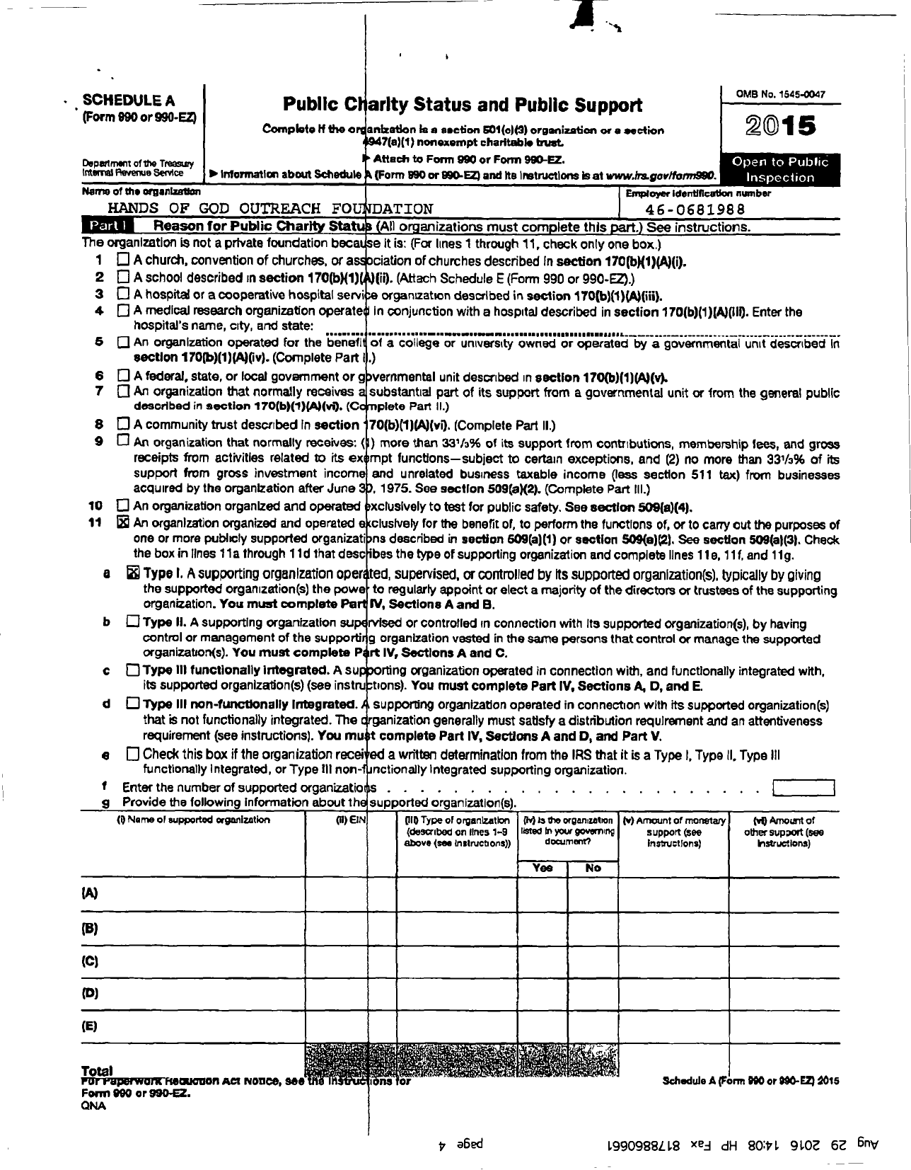 Image of first page of 2015 Form 990ER for Hands of God Outreach Foundation