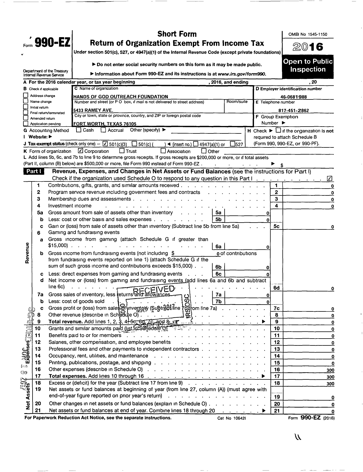 Image of first page of 2016 Form 990EZ for Hands of God Outreach Foundation