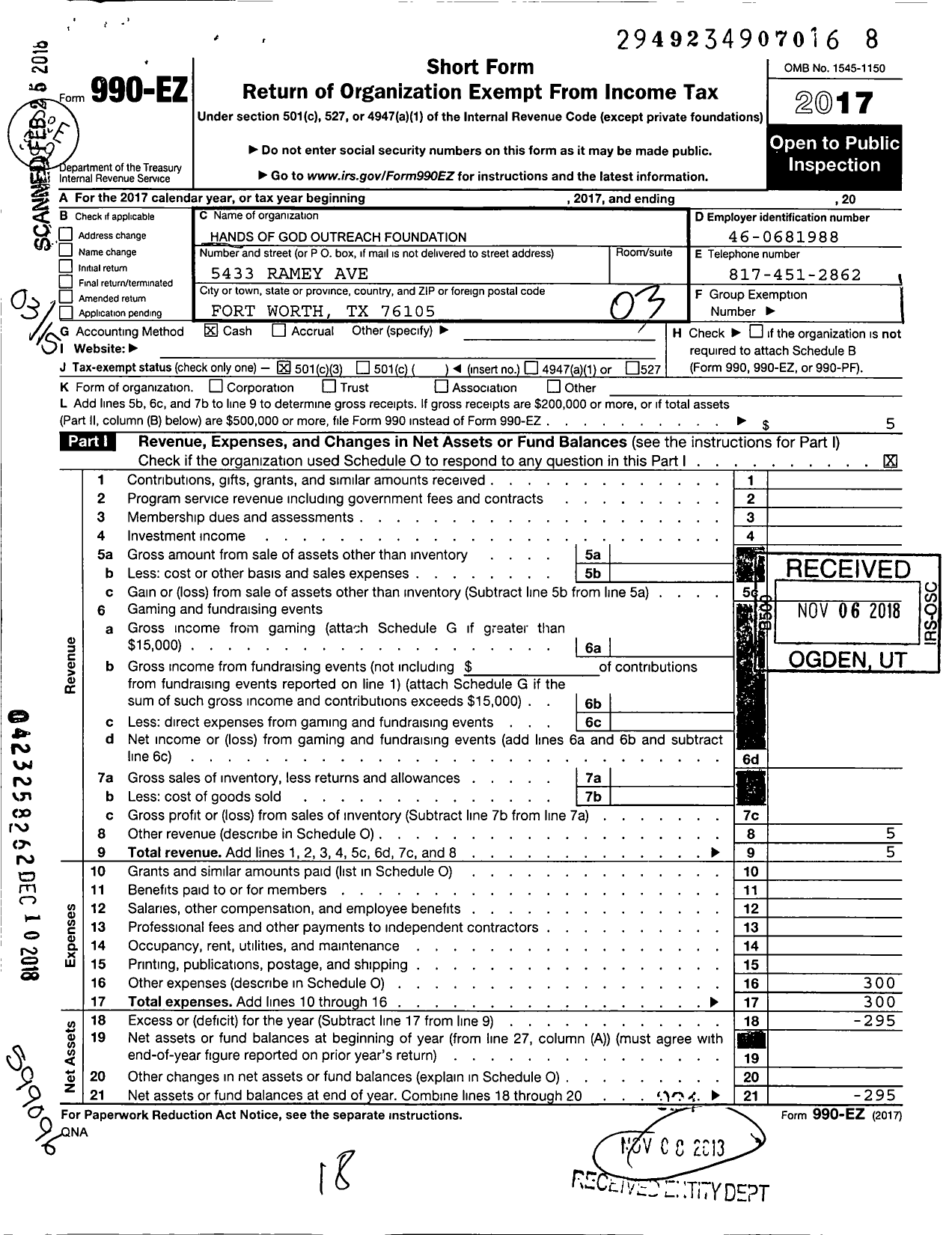 Image of first page of 2017 Form 990EZ for Hands of God Outreach Foundation