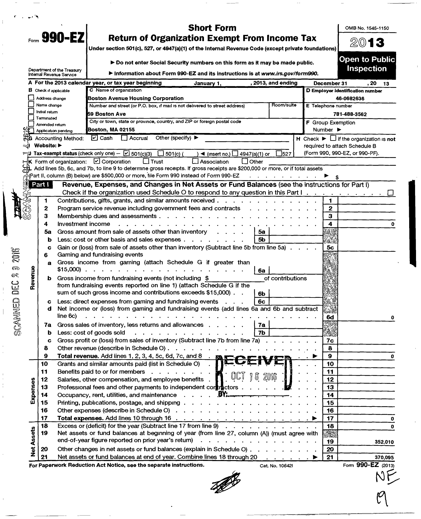 Image of first page of 2013 Form 990EZ for Boston Avenue Housing Corporation