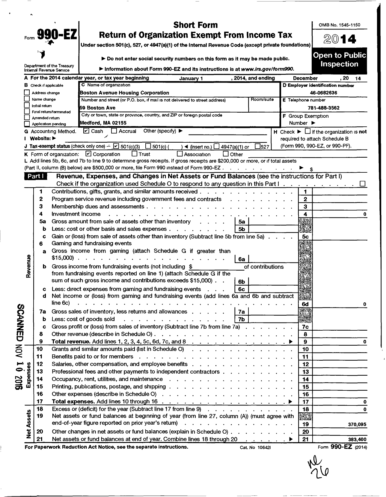 Image of first page of 2014 Form 990EZ for Boston Avenue Housing Corporation