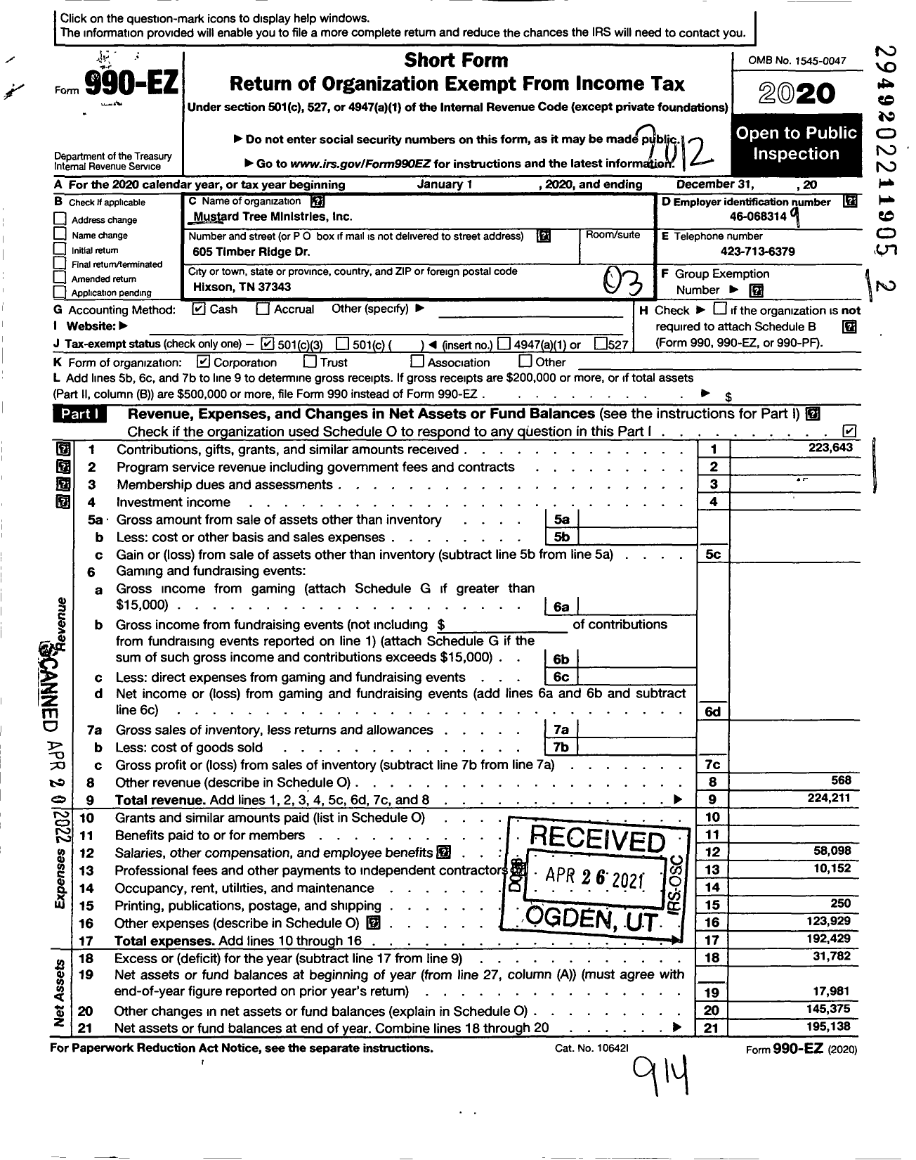 Image of first page of 2020 Form 990EZ for Mustard Tree Ministries