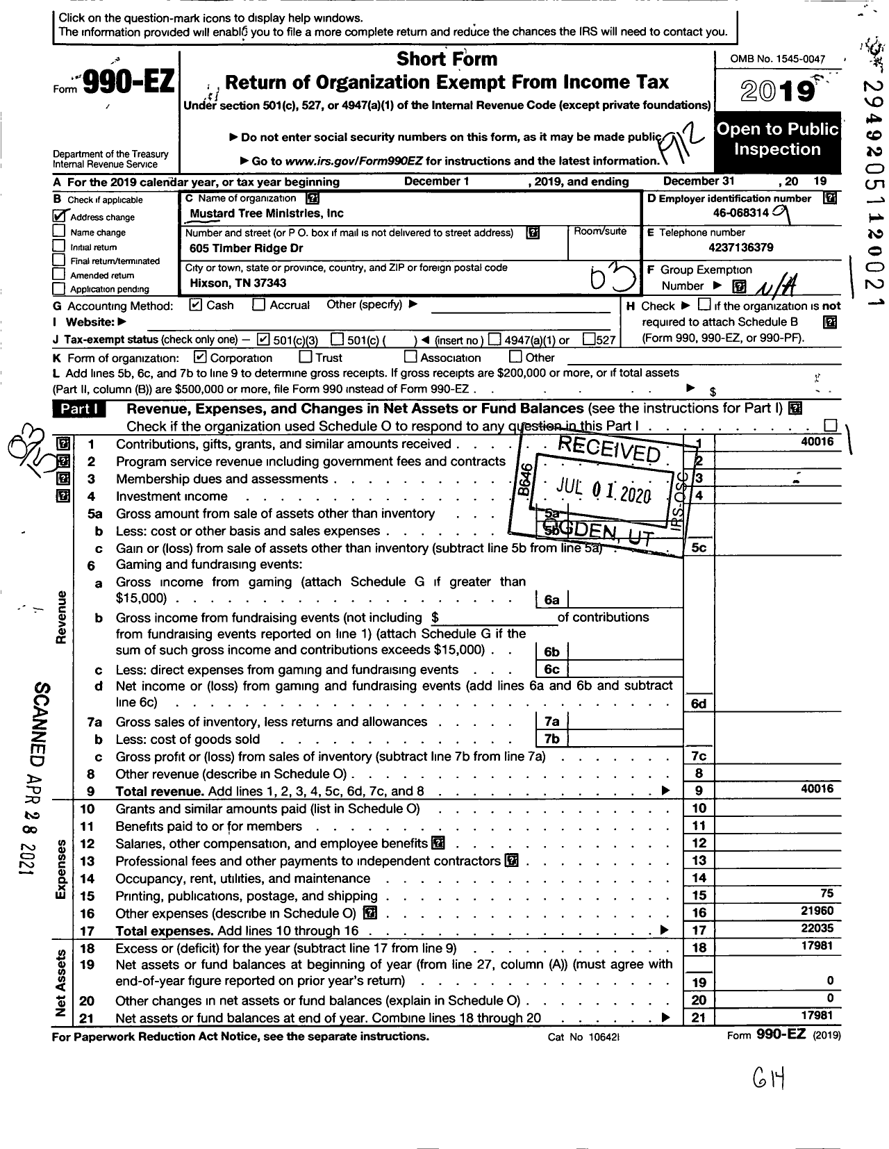 Image of first page of 2019 Form 990EZ for Mustard Tree Ministries