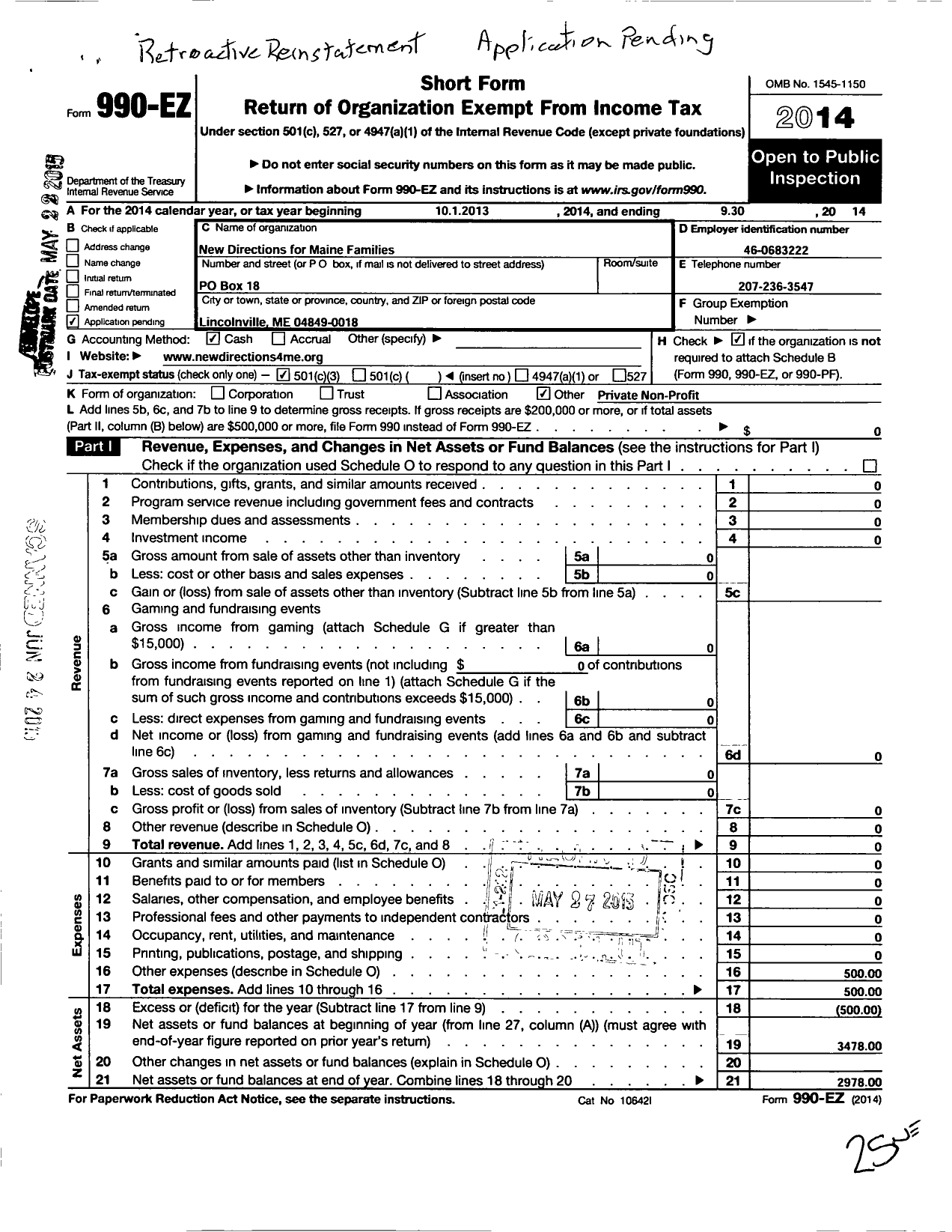 Image of first page of 2013 Form 990EZ for New Directions for Maine Families