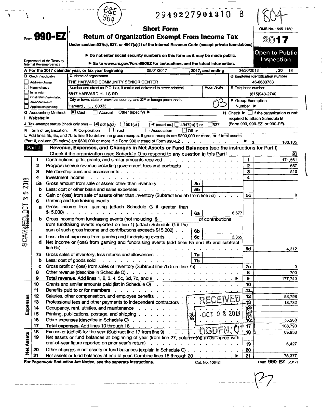 Image of first page of 2017 Form 990EZ for The Harvard Community Senior Center