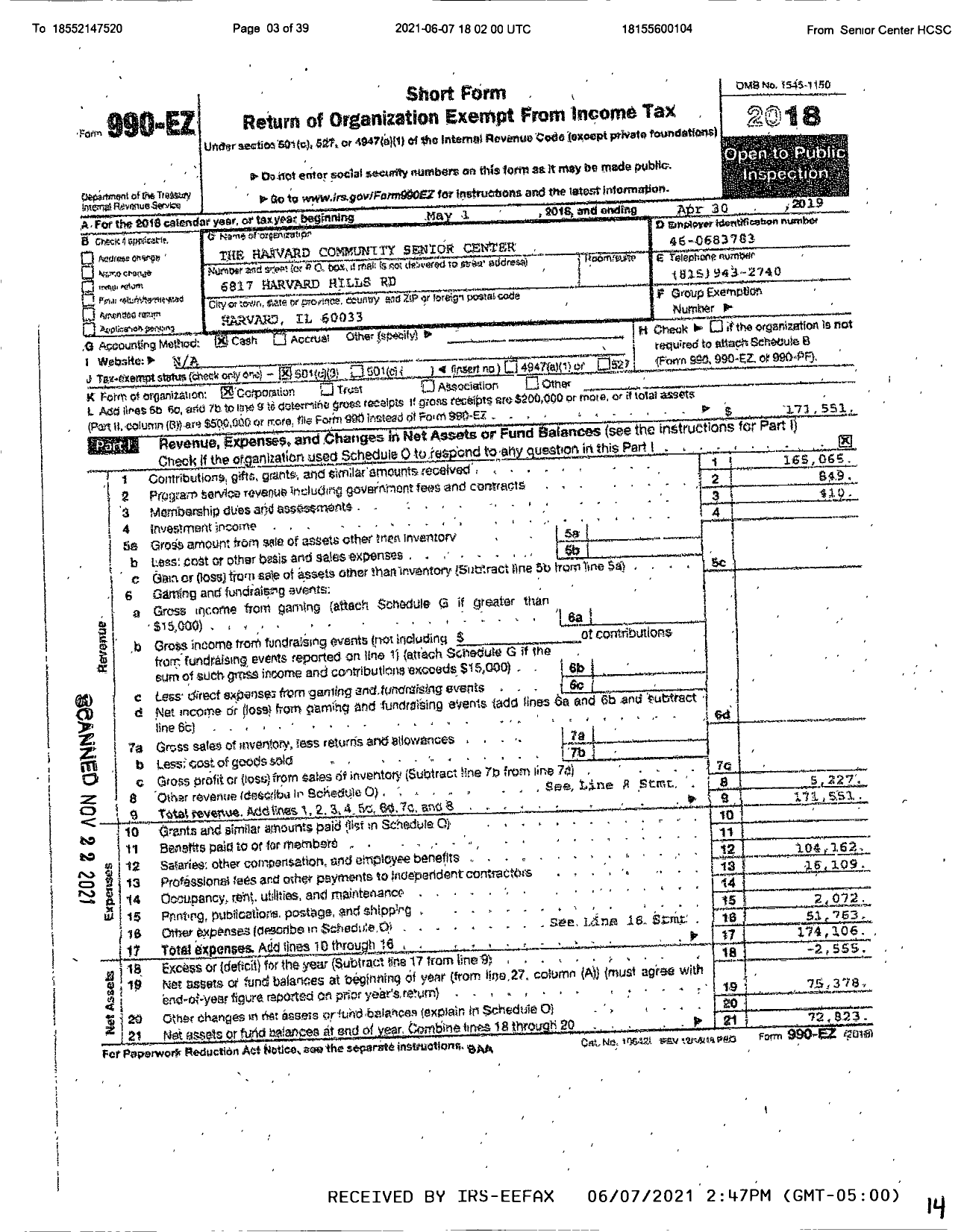 Image of first page of 2018 Form 990EZ for The Harvard Community Senior Center