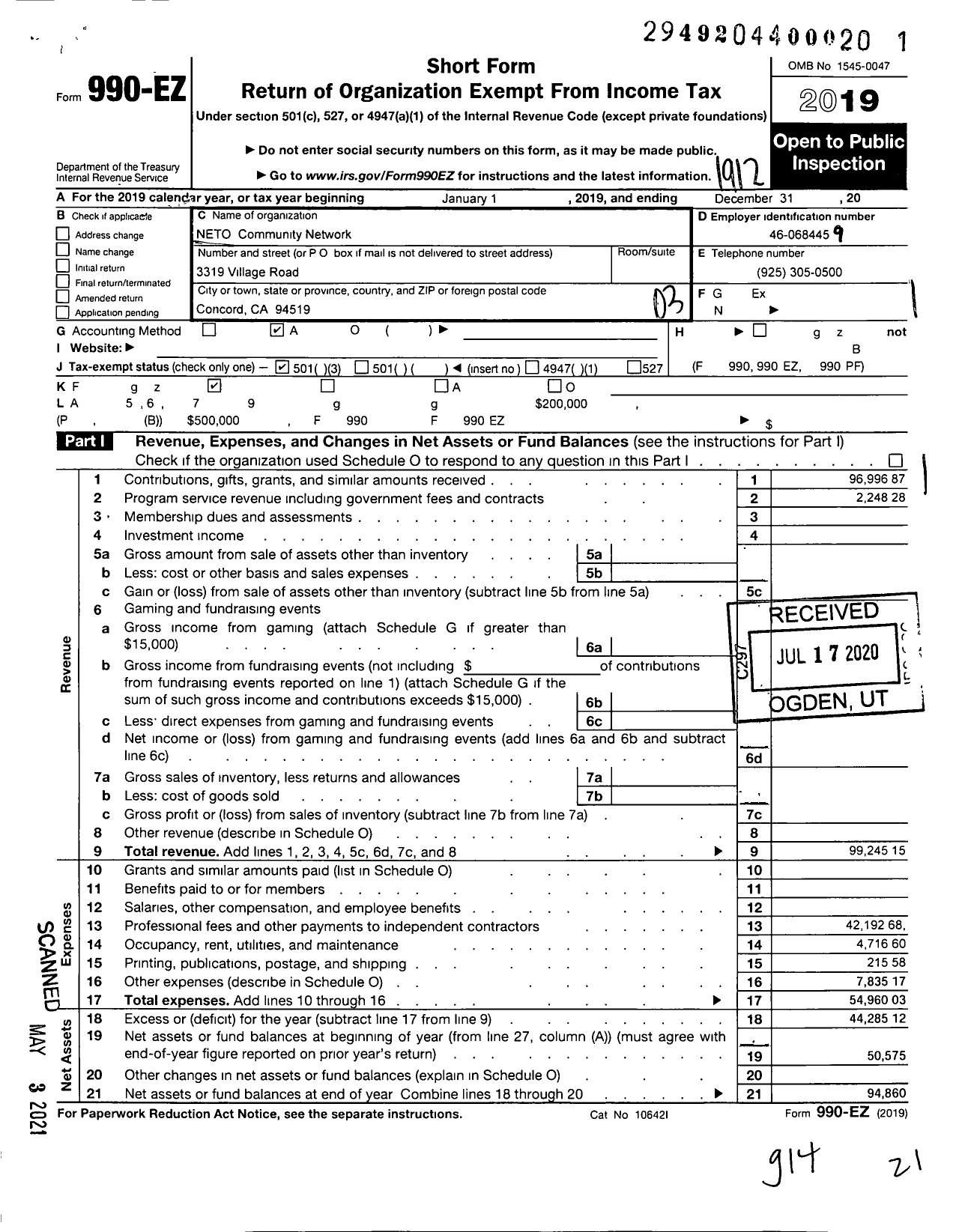 Image of first page of 2019 Form 990EZ for Neto Community Network