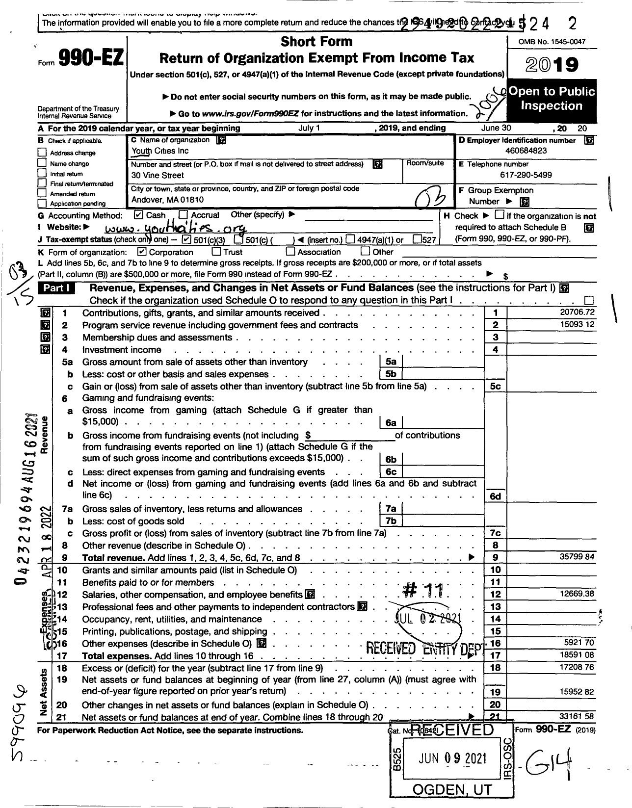 Image of first page of 2019 Form 990EZ for Youth Cities