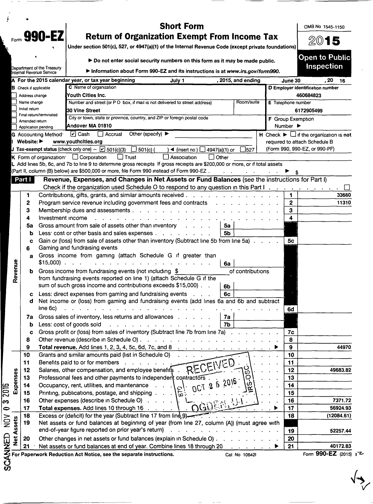 Image of first page of 2015 Form 990EZ for Youth Cities