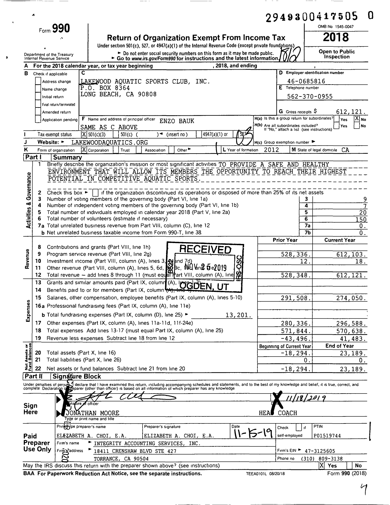 Image of first page of 2018 Form 990 for Lakewood Aquatic Sports Club