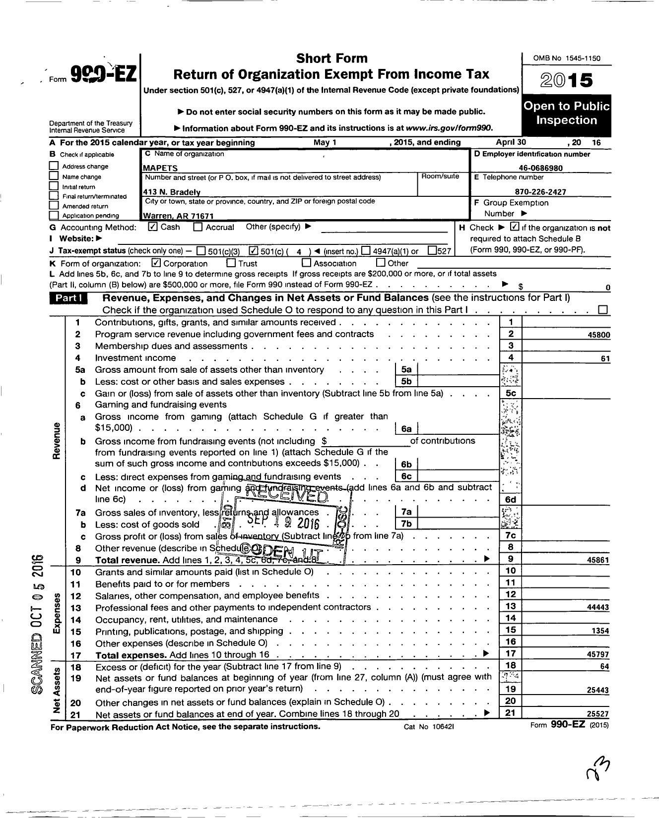 Image of first page of 2015 Form 990EO for Mapets